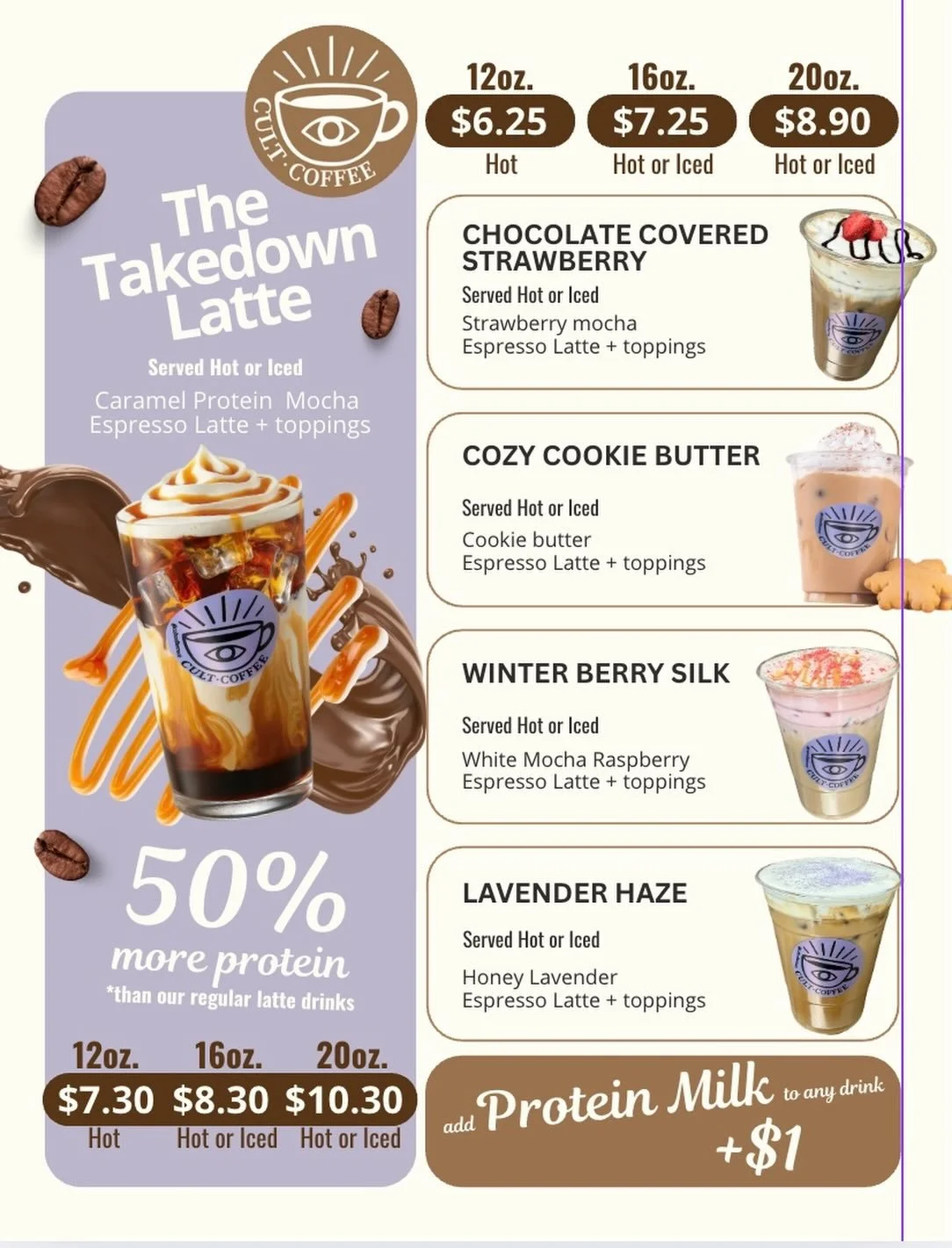 New specials just dropped ☕️✨
Cozy, creamy, and a little indulgent&mdash;our January &amp; February specials are here 💕
From Chocolate Covered Strawberry to Lavender Haze and our protein-packed Takedown Latte, there&rsquo;s something for every winte