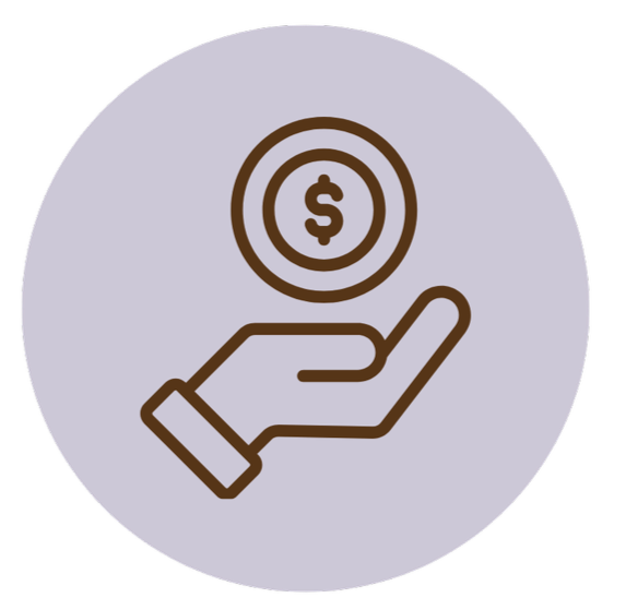 Outline of a hand holding a coin with a dollar sign, set against a light purple circular background.