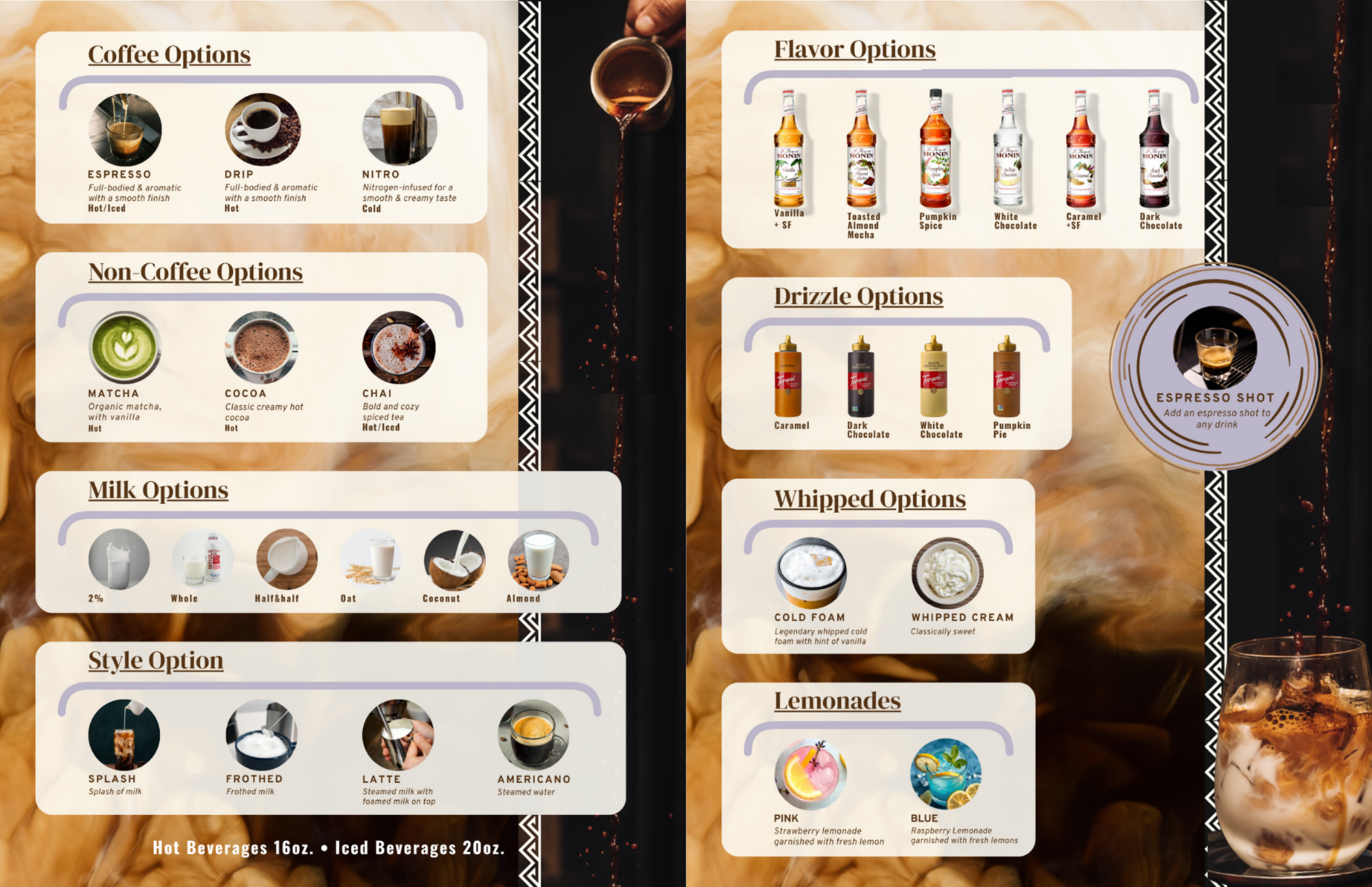 Coffee menu featuring options for coffee, non-coffee drinks, milk options, style options, flavor options, drizzle options, whipped options, and lemonades. Includes images of drinks and ingredients.