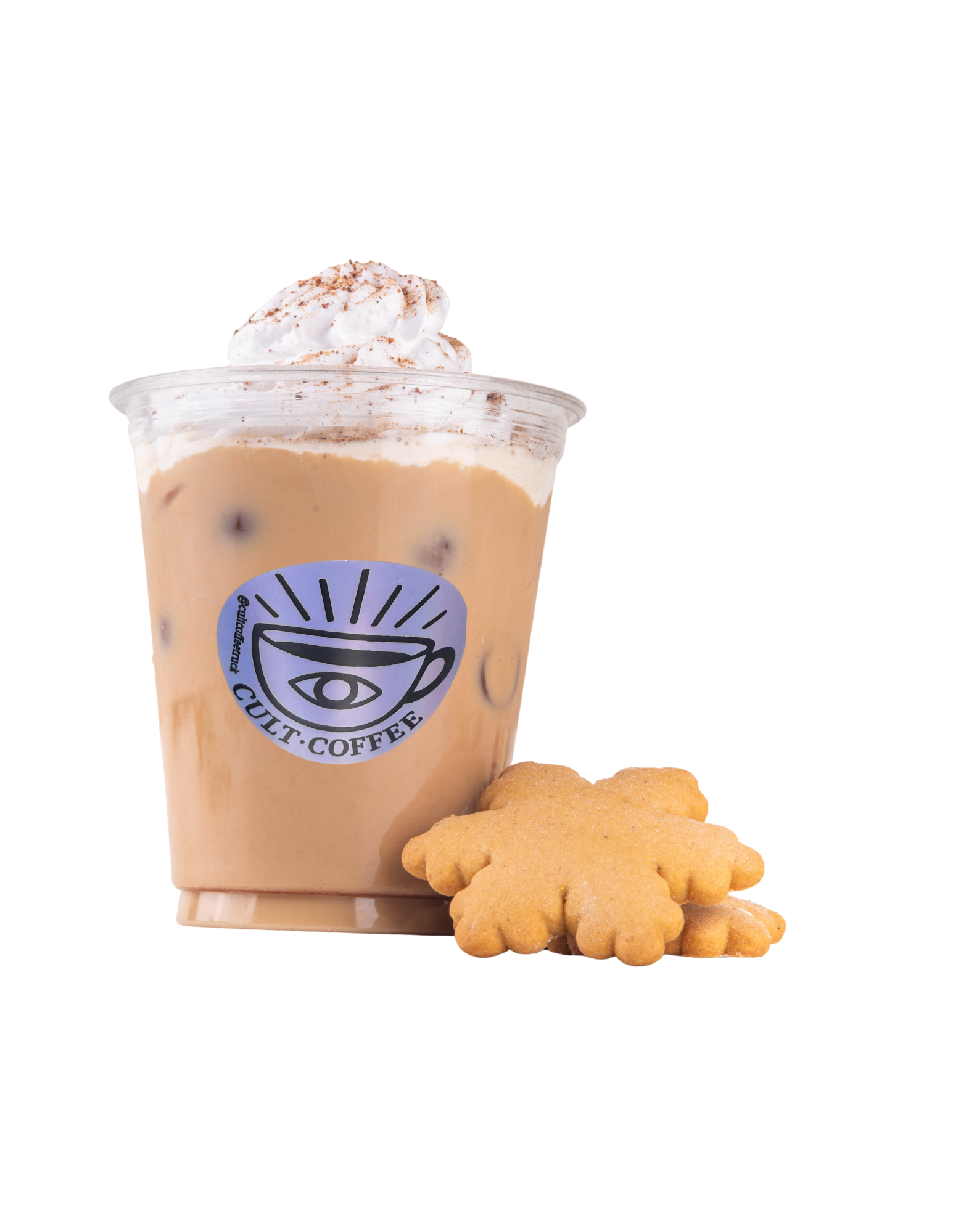 Iced coffee topped with whipped cream and cocoa powder, served with a snowflake-shaped cookie from Cult Coffee.