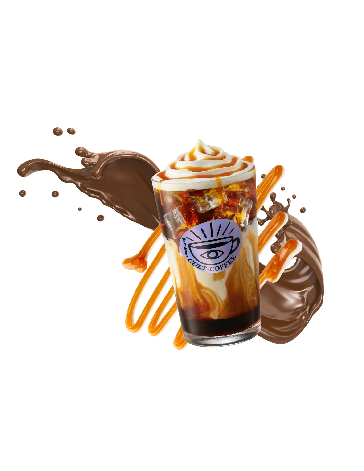 A glass of iced coffee topped with whipped cream surrounded by chocolate syrup and caramel drizzles.