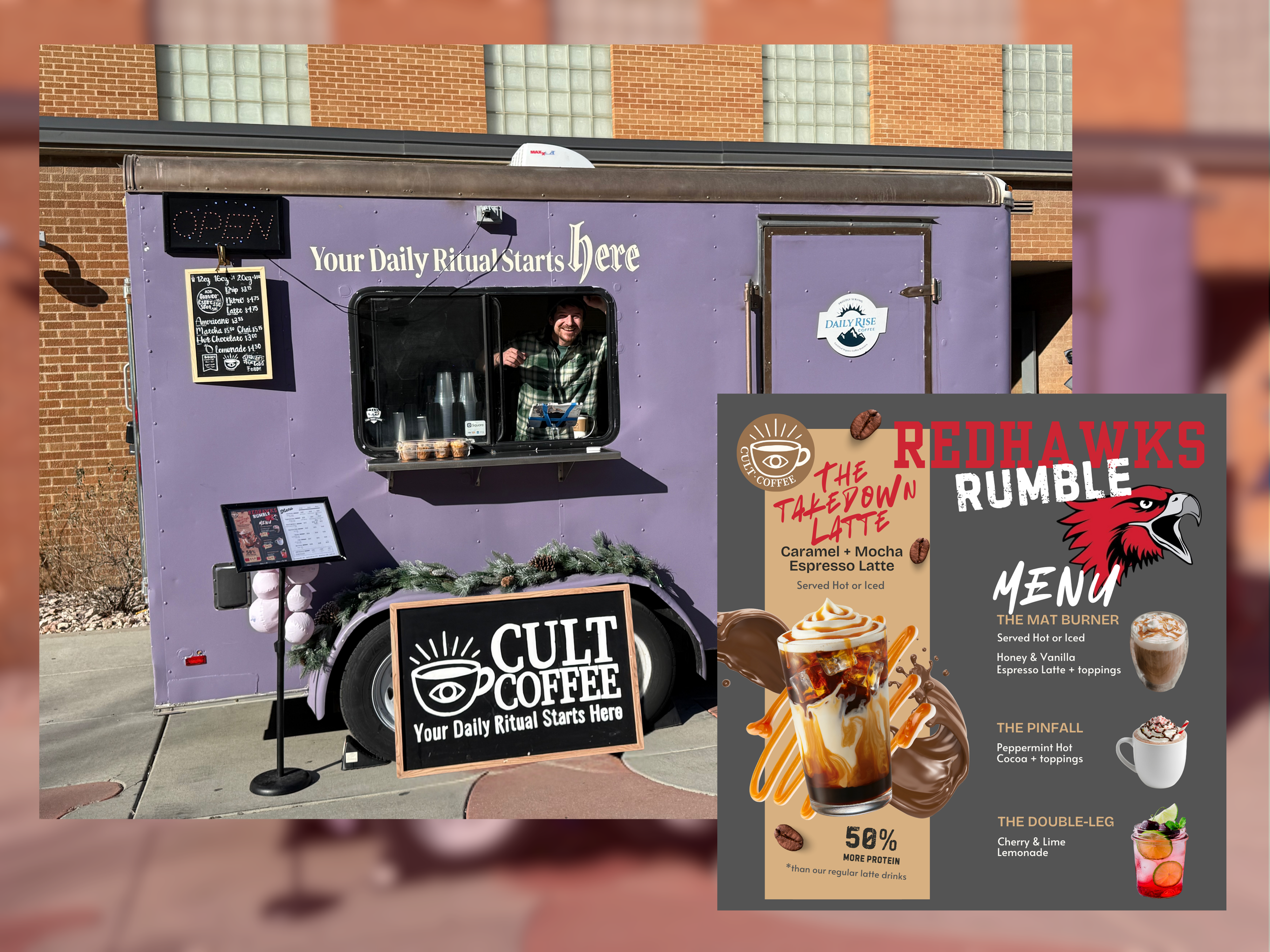 A purple coffee truck with a smiling man inside the serving window. The truck has signs and menus, including one with the logo 'CULT COFFEE' and the slogan 'Your Daily Ritual Starts Here.' There is a blackboard menu on the side listing various coffee drinks. A stand with a menu board and a decorative garland is in front of the truck. Next to the truck is a promotional poster with different coffee beverages and desserts, including a caramel mocha latte, a honey vanilla espresso, a peppermint hot cocoa, and a cherry lime lemonade.