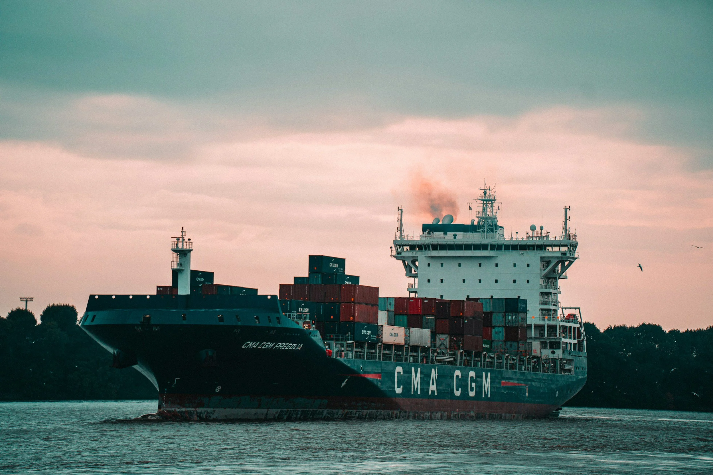A large cargo ship named CMA CGM is sailing on a body of water with several containers on deck and trees visible in the background, under a cloudy sky.