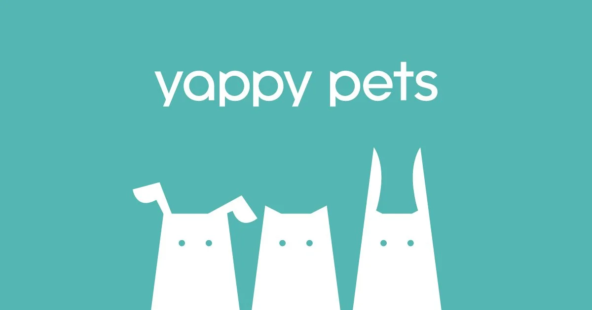 Logo for Yappy Pets with illustrations of a dog, a cat, and a rabbit.