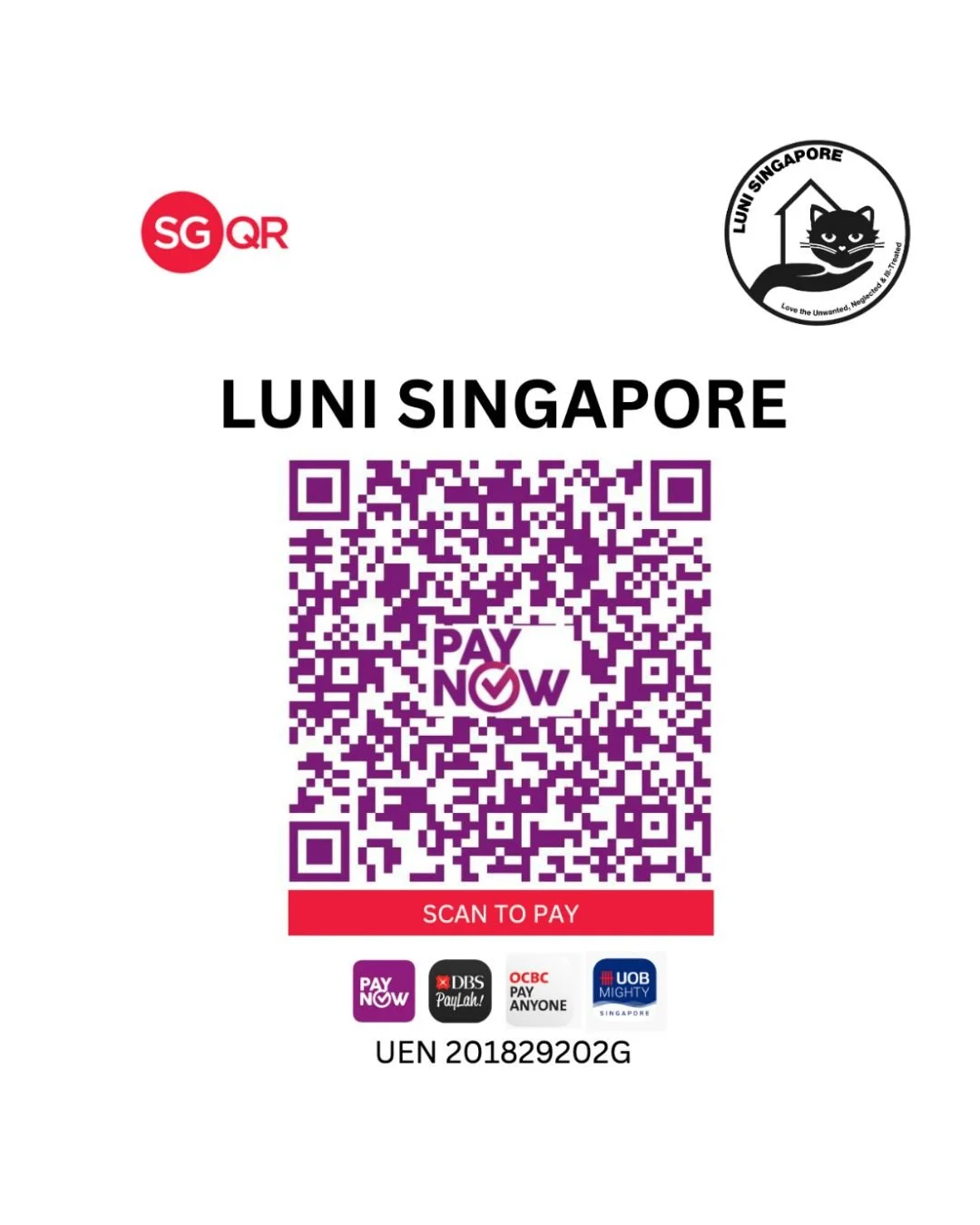 Luni Singapore PayNow QR code donation sign with SGQR logo, cat logo, scan-to-pay instructions, and UEN 201829202G