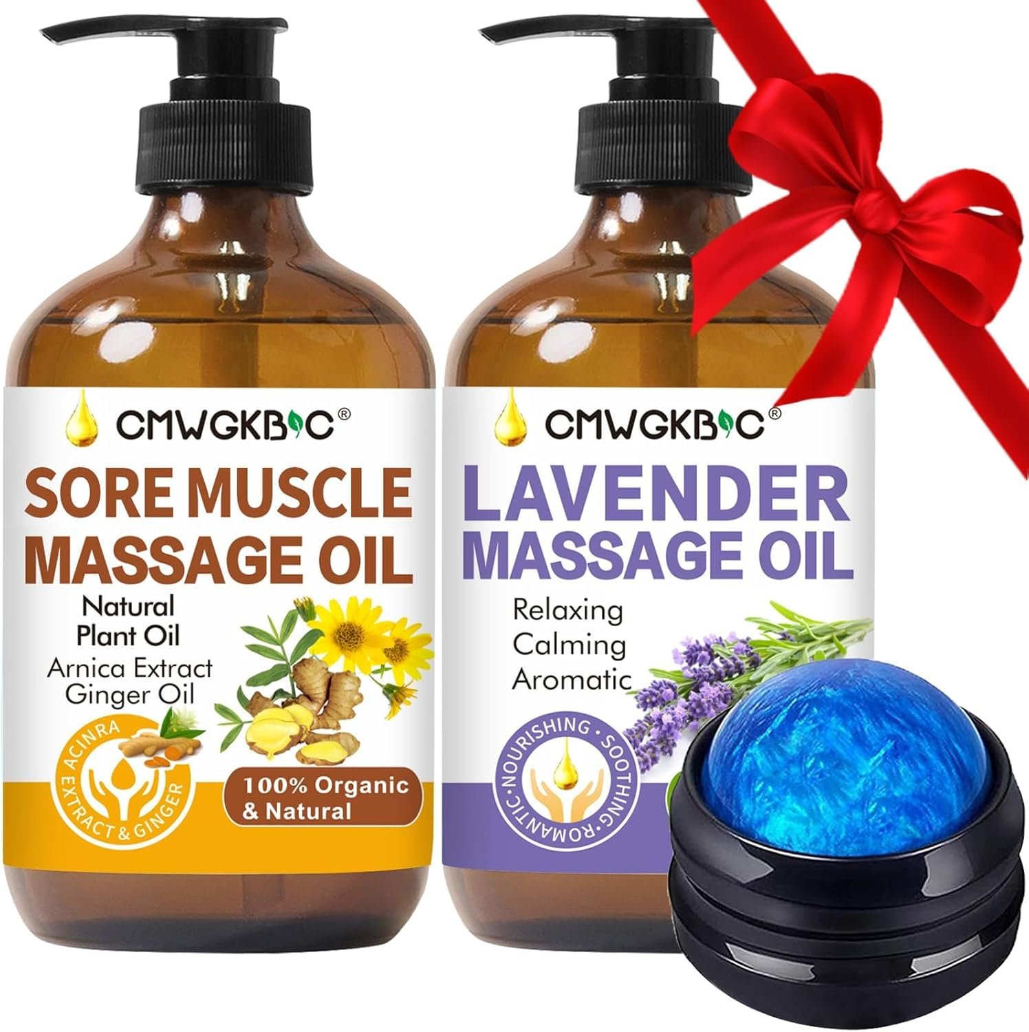 Relaxing Massage Oil Set with Ginger, Arnica &amp; Lavender + Massage Ball