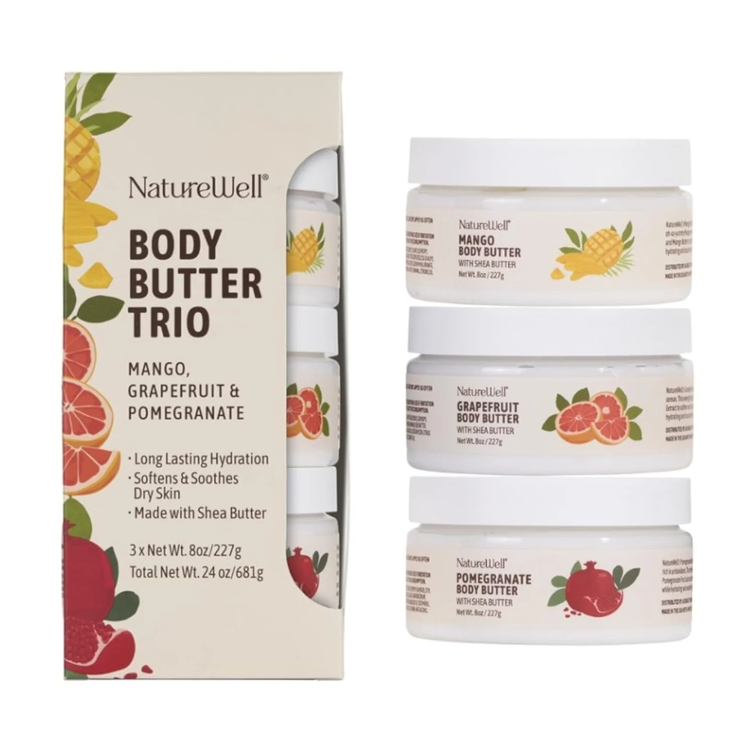 NATURE WELL Shea Body Butter Variety Pack (Grapefruit, Mango &amp; Pomegranate – 3 Pack)