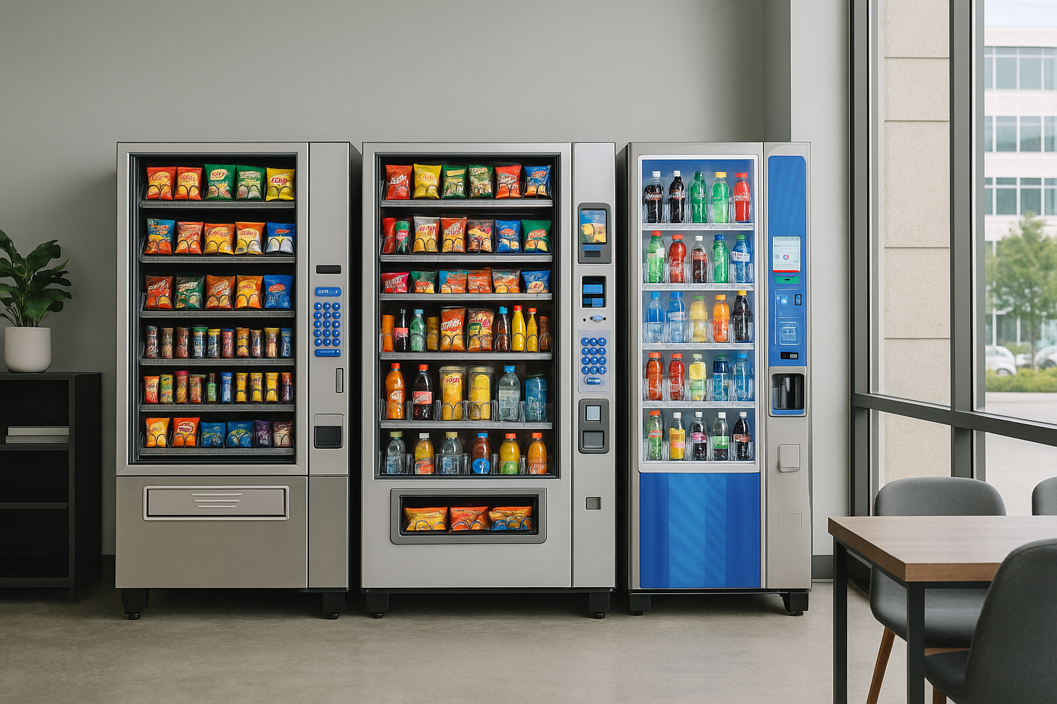 Three vending machines filled with snacks and beverages in an office break room, with a table and chairs nearby and a large window letting in natural light. Classic Vending Machines!