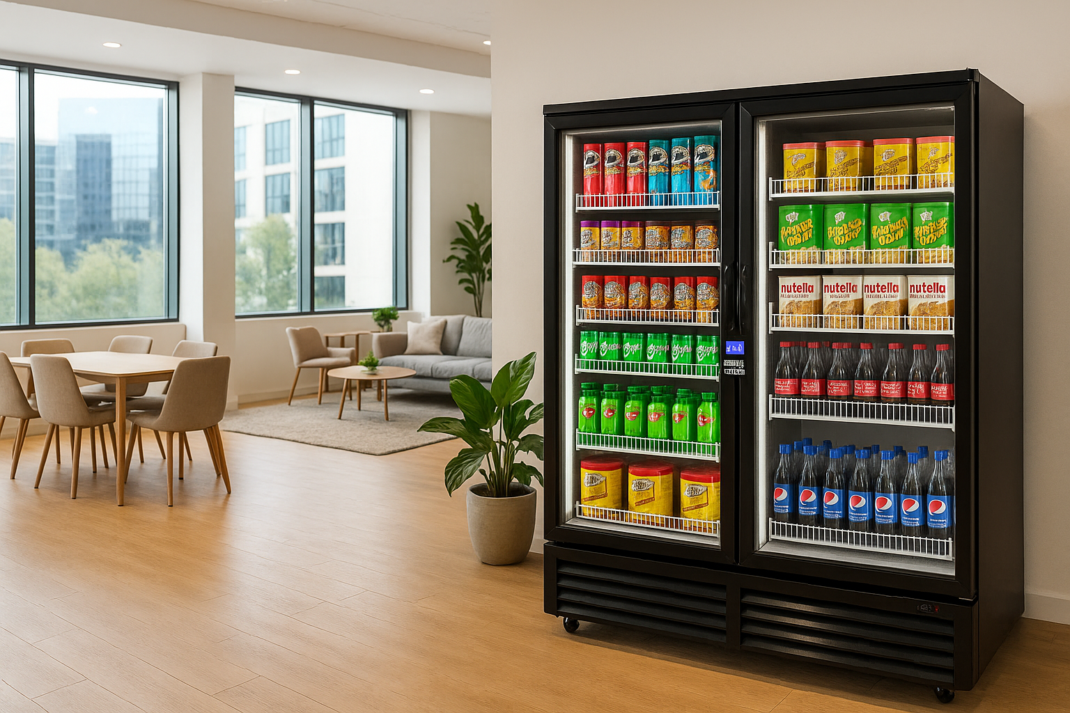 Vending machine with snacks and beverages in a modern lounge area with large windows, wooden flooring, a potted plant, and seating. Smart coolers and AI Vending Machines!