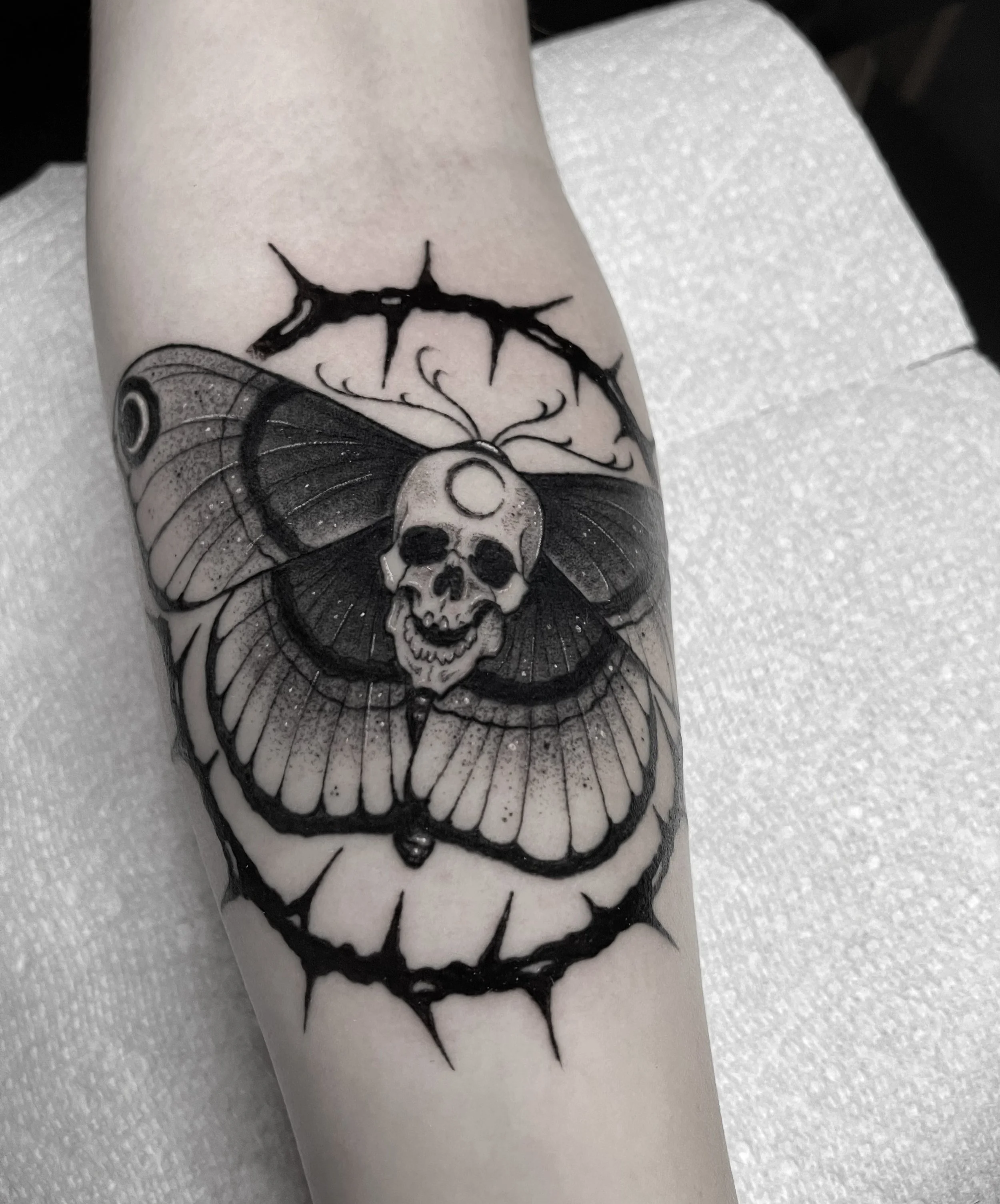 Black and gray tattoo of a moth with a skull on its body, surrounded by a thorny circular frame on a person's arm.