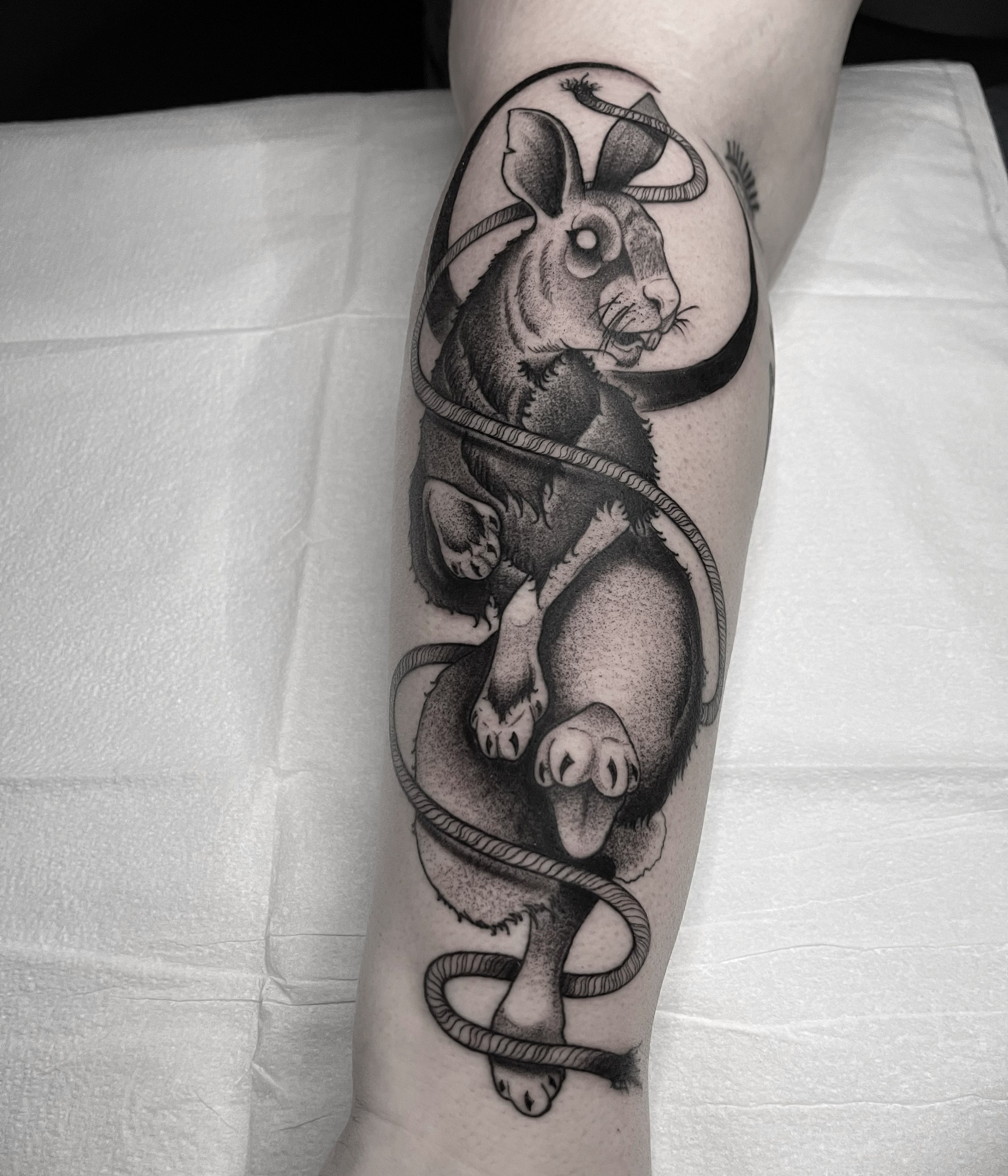 Black and gray tattoo of a rabbit with snake wrapped around it on person's arm.