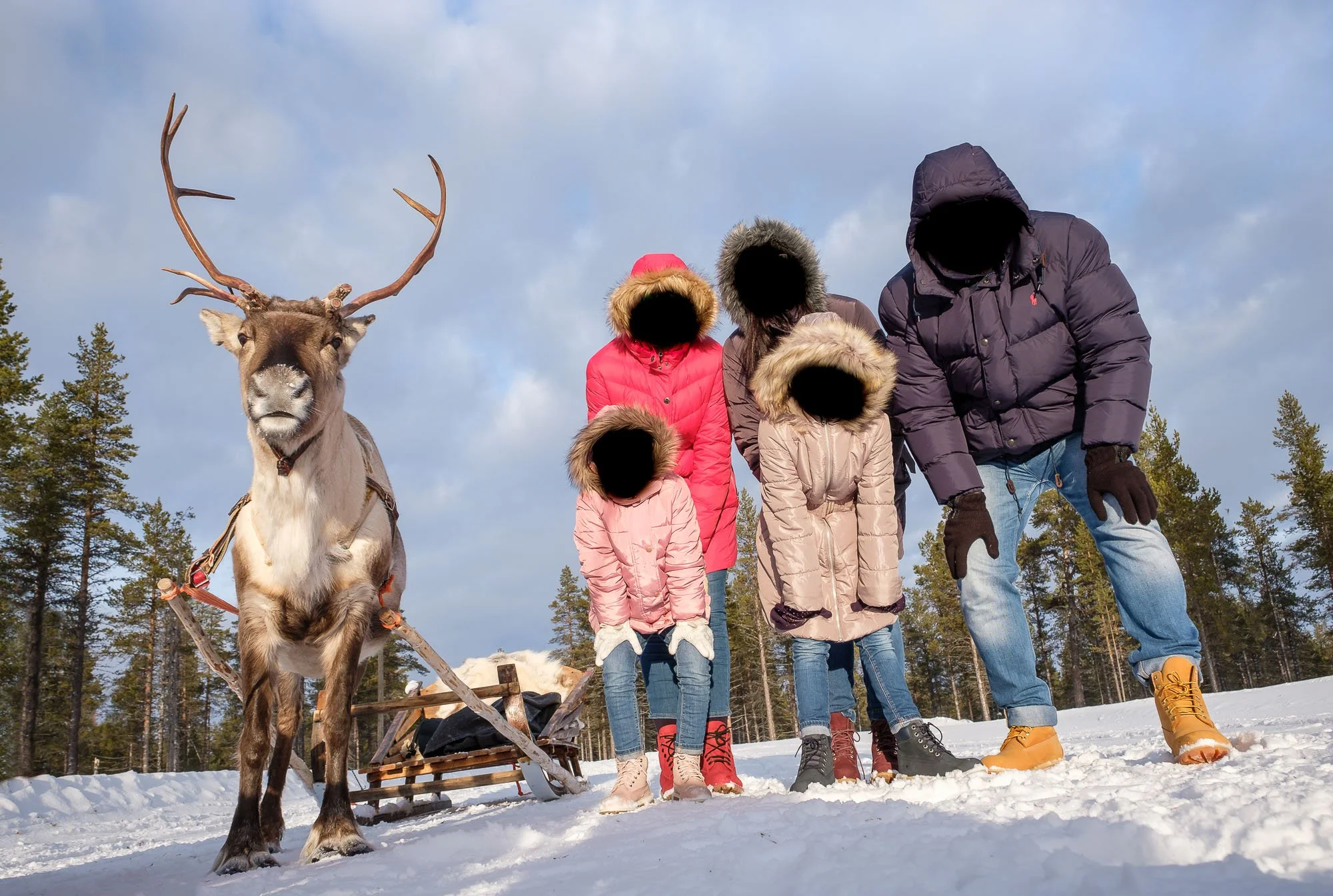 A family of five with blacked-out faces stands in snow with a reindeer showing its antlers, in a forested area during winter.