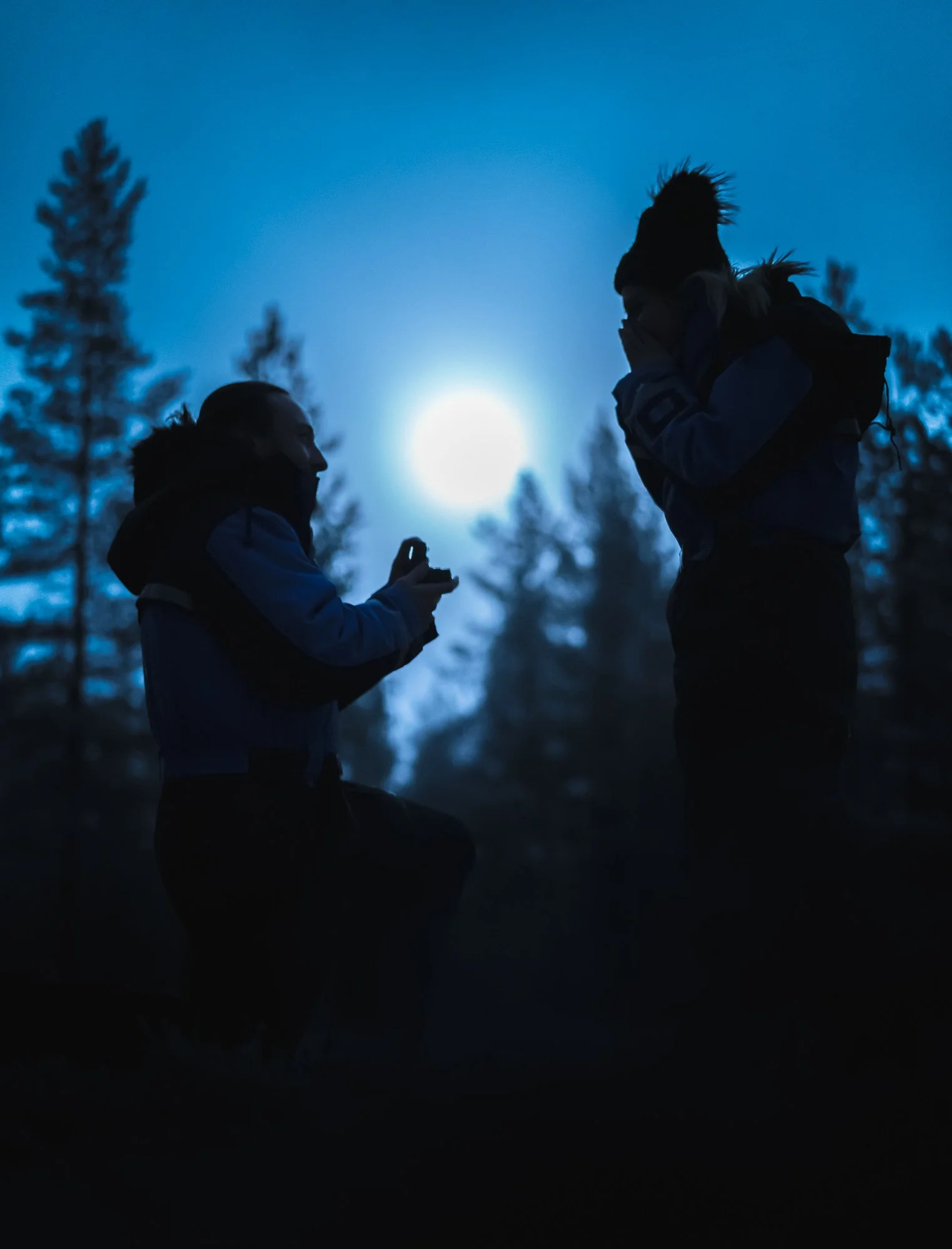Silhouettes of two people in a forest at night, one kneeling and the other standing with hands over mouth, with a full moon in the background.
