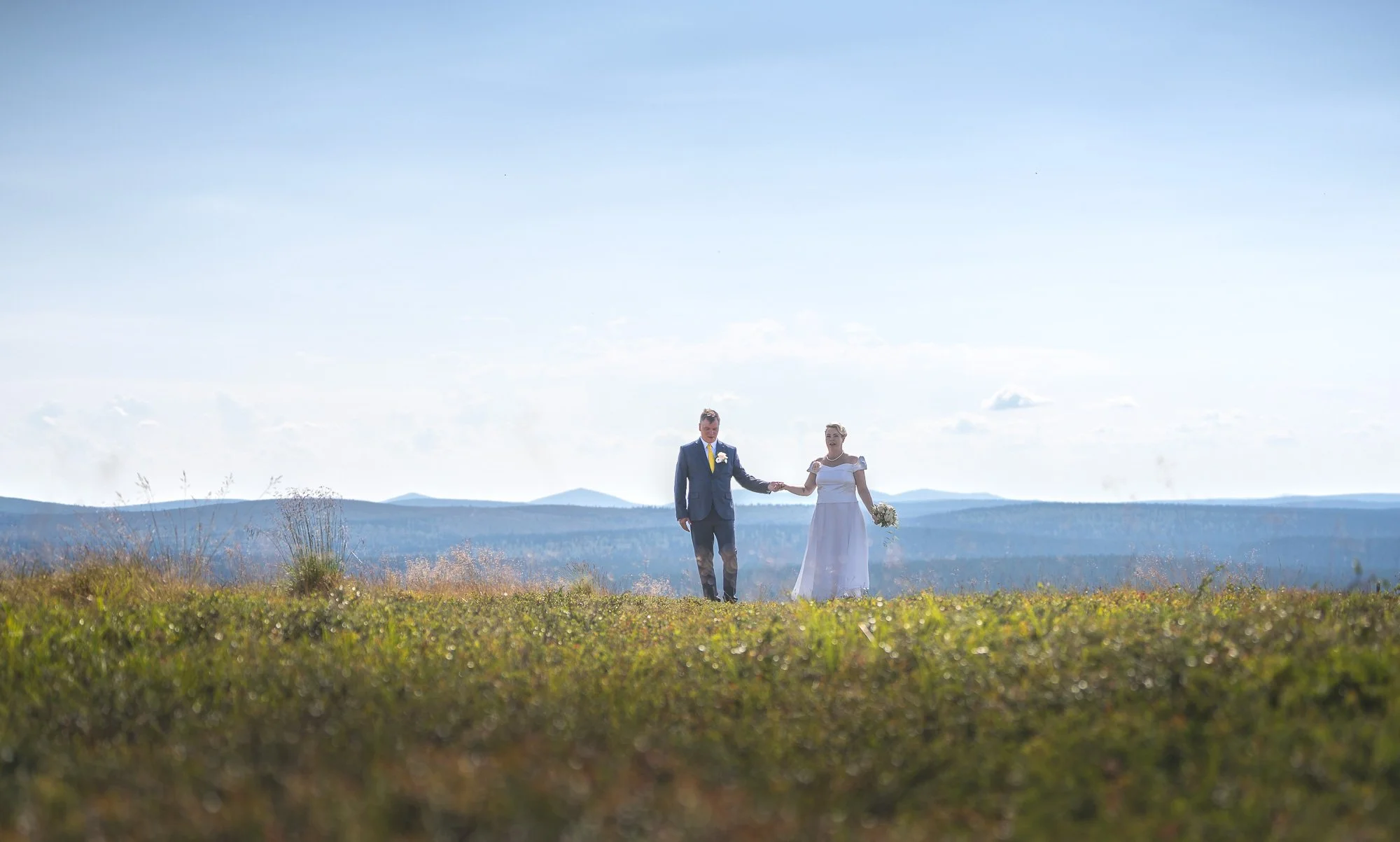 A bride and groom holding hands in an open field with mountains in the background on a clear day.