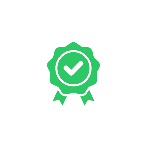 Green badge with a check mark in the center and ribbons hanging at the bottom.