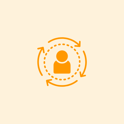 Orange user icon with circular arrows around it on a beige background.