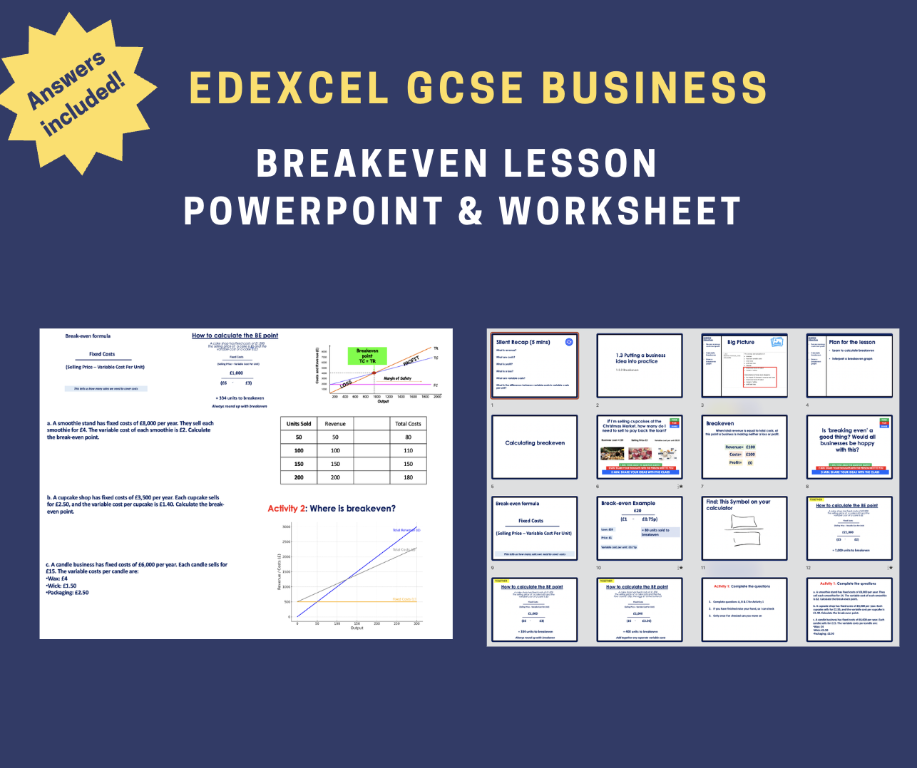Edexcel GCSE Business – Break-Even Analysis Introduction | PowerPoint, Calculation Sheet & A3 Knowledge Organiser