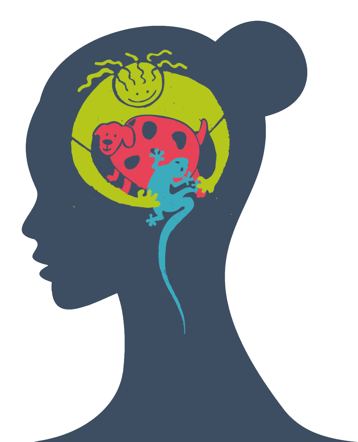 Silhouette of a person's head with illustrated animal and reptile inside the brain area, including a green circular shape with a smiling sun, a pink dog and cow, and a blue lizard.