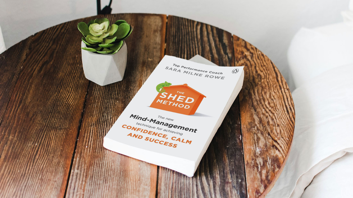A book titled "The Shed Method" about mind-management on a wooden table next to a small potted succulent plant.