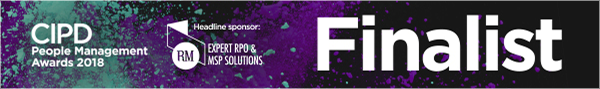 CIPD People Management Awards 2018 finalist banner with sponsor logos and purple and green background.