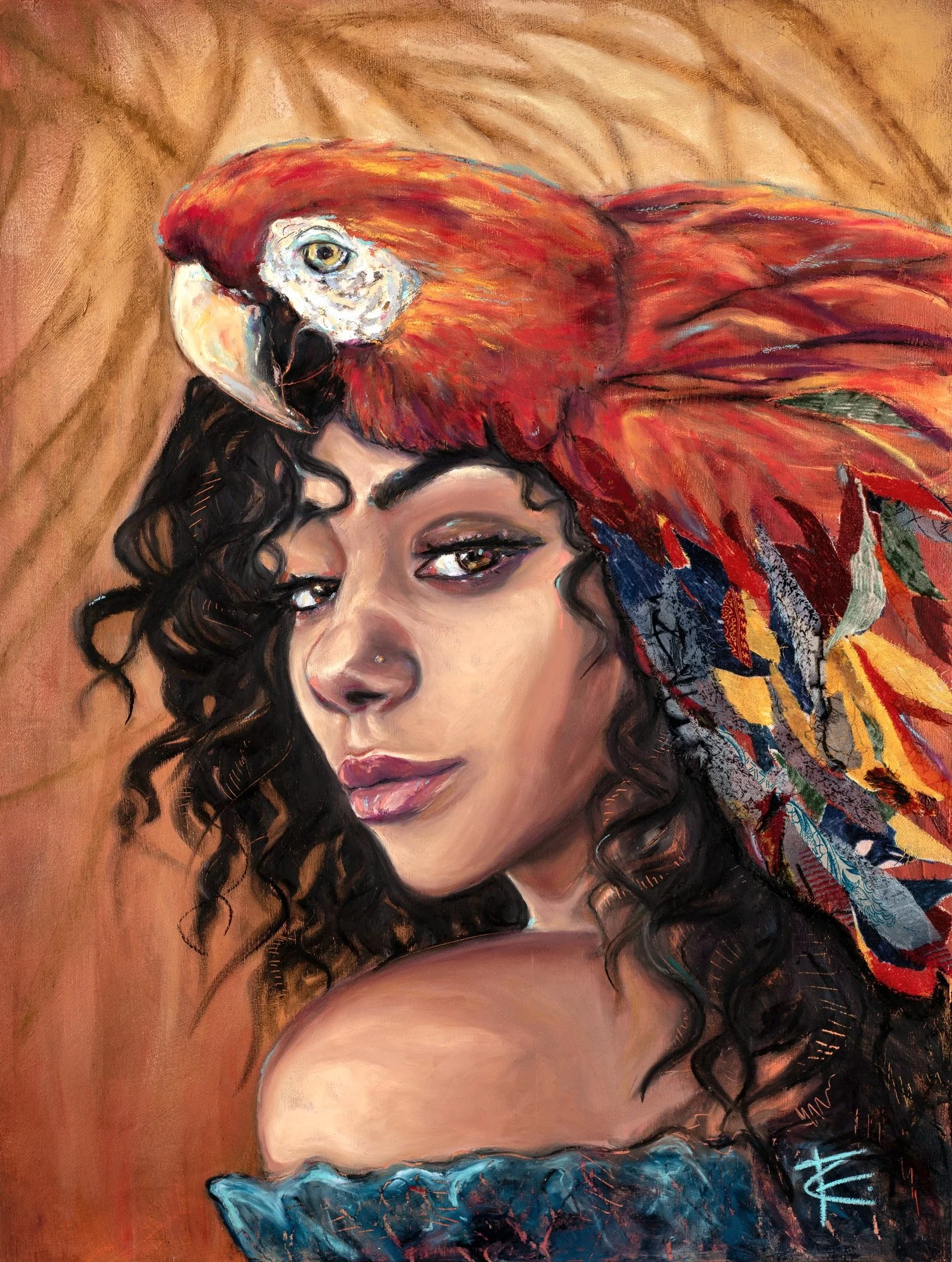 'Courage' - Original Artwork Oil Pastel, fabric and mixed media on timber