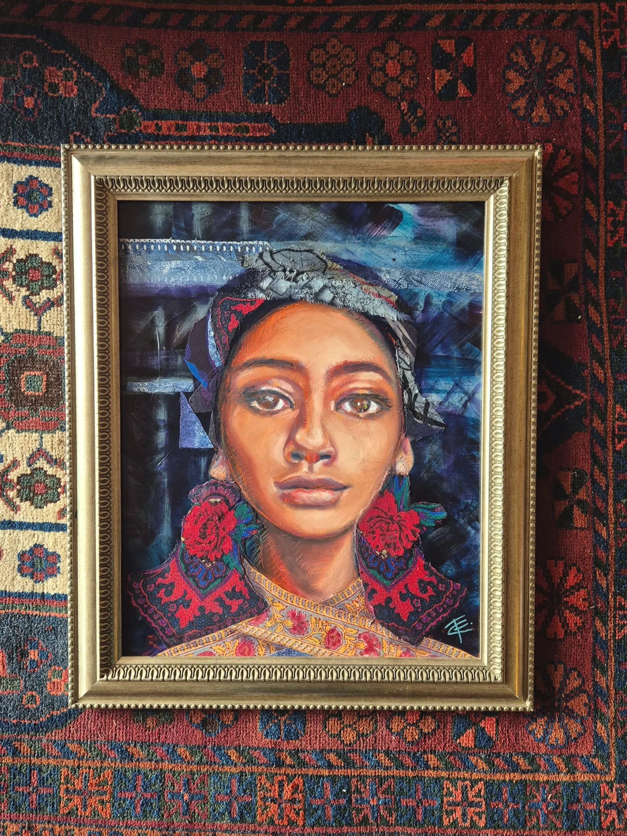 'Monica' Original oil pastel and mixed media artwork with recycled frame