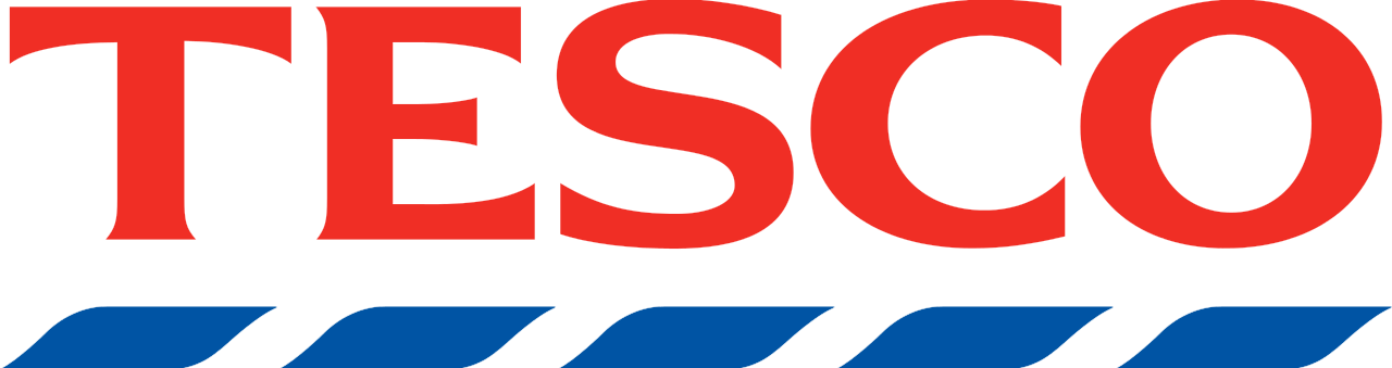 Tesco logo with red text and blue curved lines underneath.