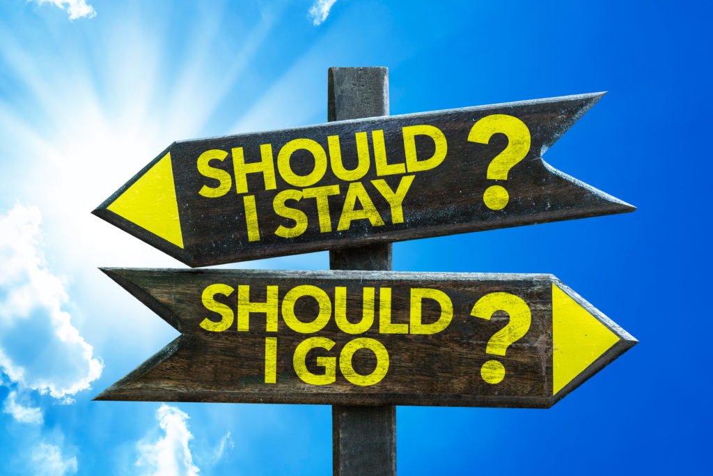 Wooden signpost with two directional arrows, one pointing left with the words "SHOULD I STAY" and a yellow question mark, the other pointing right with the words "SHOULD I GO" and a yellow question mark, set against a blue sky with clouds and the sun shining.
