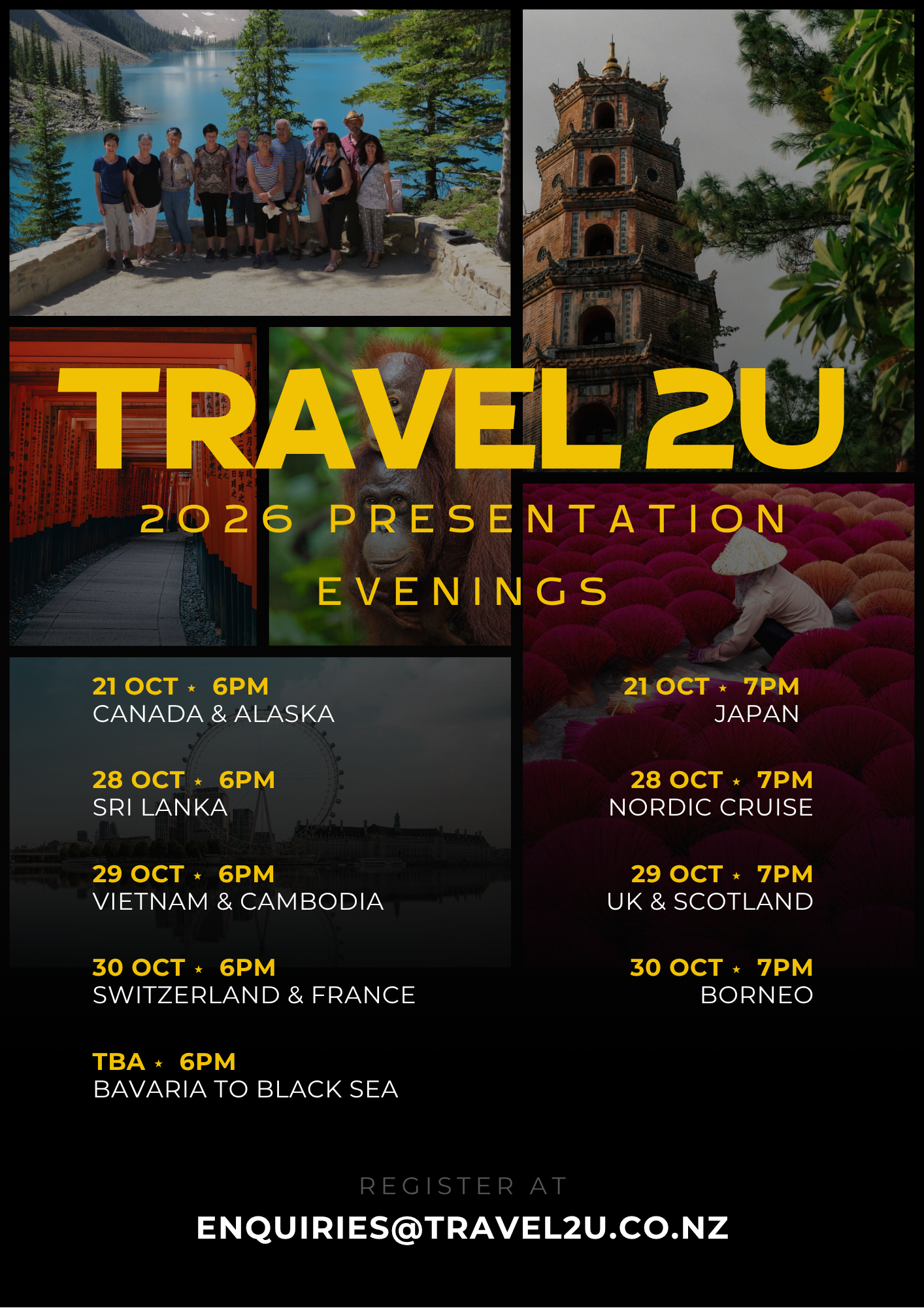 Event poster for TRAVEL 2U 2026 Evening Presentations with images of travel destinations, a group of people standing on a lakeside, a pagoda, Japanese torii gates, a lion, and colorful umbrellas.