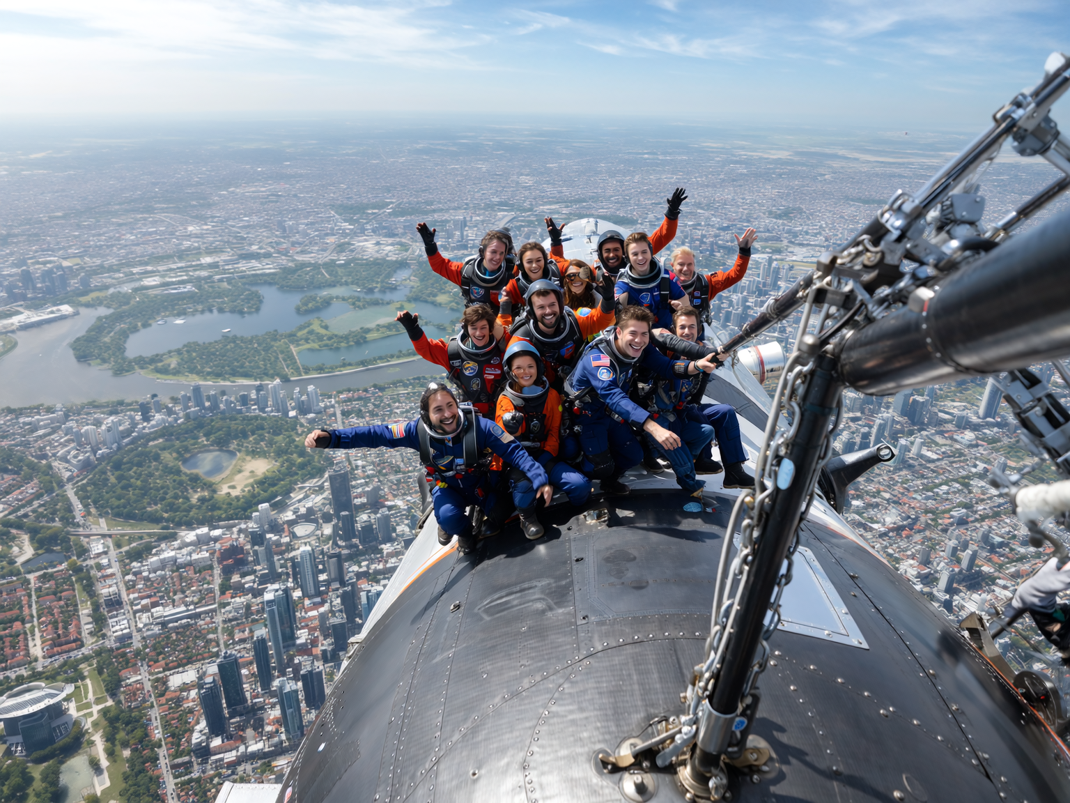 A group of people in astronaut suits taking a selfie on top of a rocket in flight over a city with lakes and green spaces.