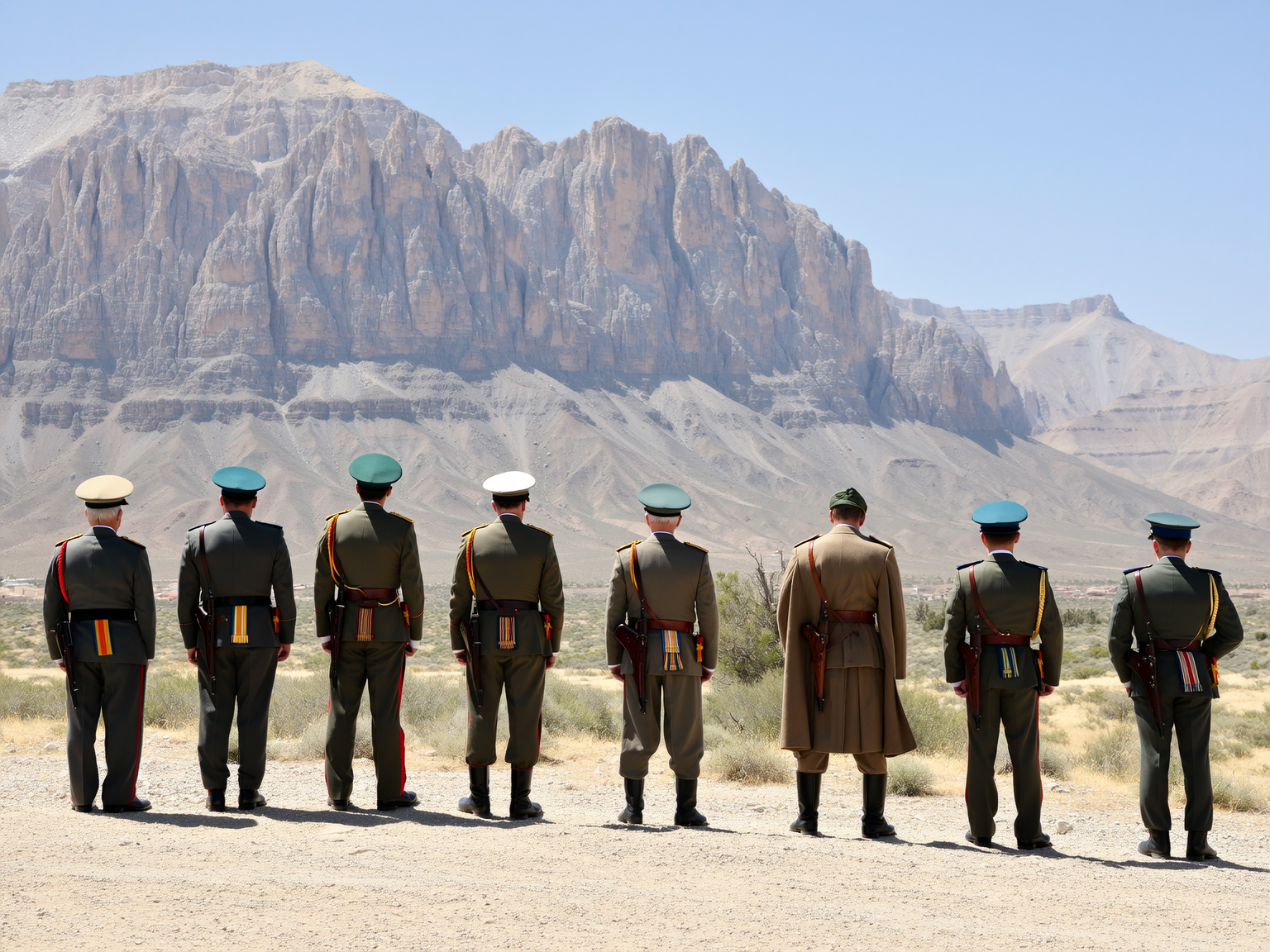 Seven soldiers in historical military uniforms standing in a desert with mountains in the background, facing away from the camera.
