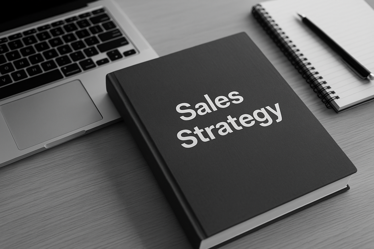 Black and white photo of a notebook titled 'Sales Strategy' placed on a desk next to a laptop, a notepad, and a pen.