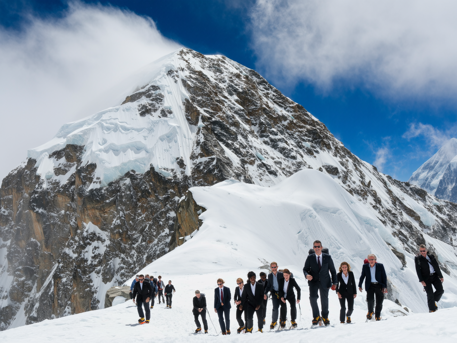 Group of people in business attire hiking on snowy mountain, with large snow-capped peaks and clouds in the background.