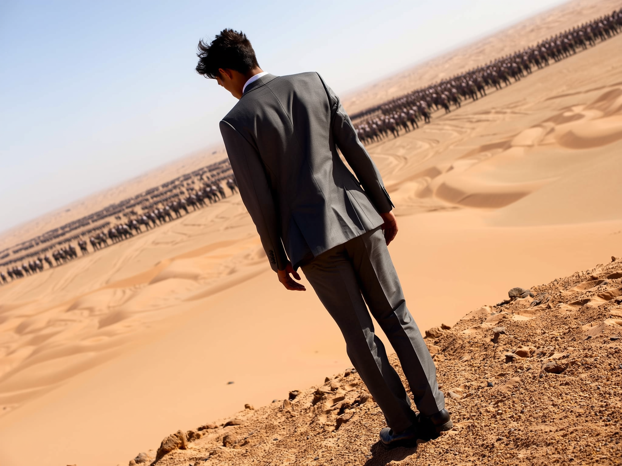 A man in a suit standing on sand with a long line of camels in the background in a desert.