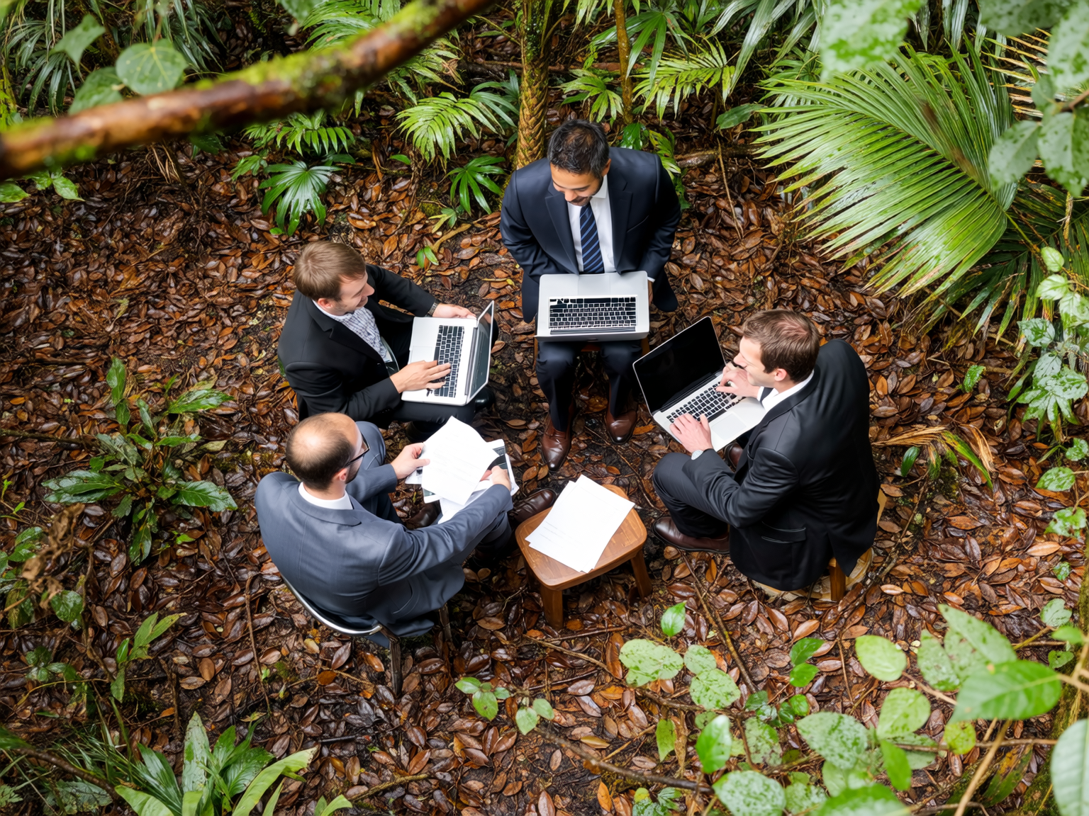 Five men in business suits sitting in a circle on the forest floor with laptops and papers, surrounded by dense green foliage and fallen leaves, having a meeting in a jungle setting.