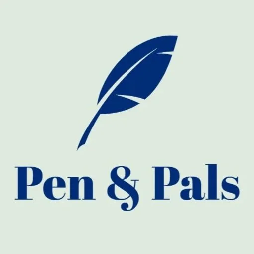 Logo of Pen & Pals featuring a blue quill pen and the text 'Pen & Pals' underneath.
