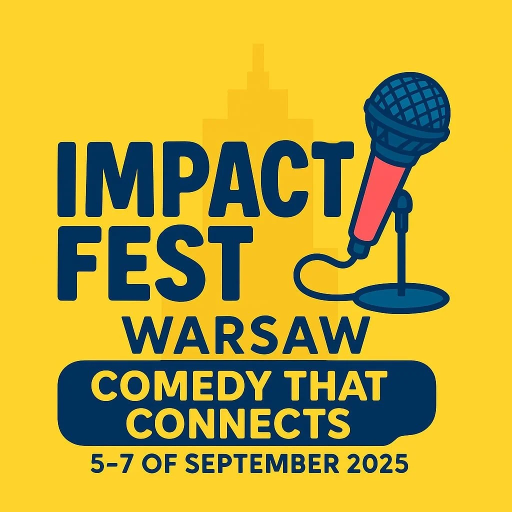 Poster for Impact Fest Warsaw 2025, featuring a large microphone, event dates September 5-7, 2025, with a yellow background and dark blue text.
