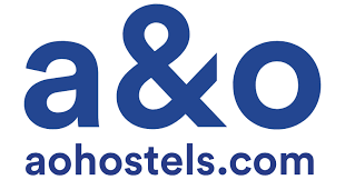 A clickable logo for A&O Hostels with the URL ahoestels.com