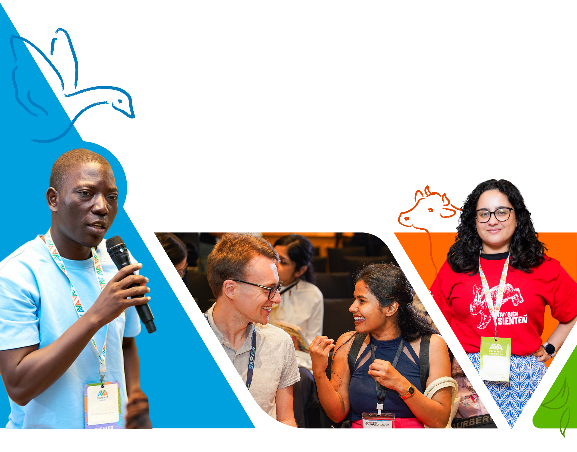 The image shows a diverse group of people at an event, engaging in conversations. One person is speaking into a microphone, and others are smiling and interacting. They are wearing conference badges and lanyards.