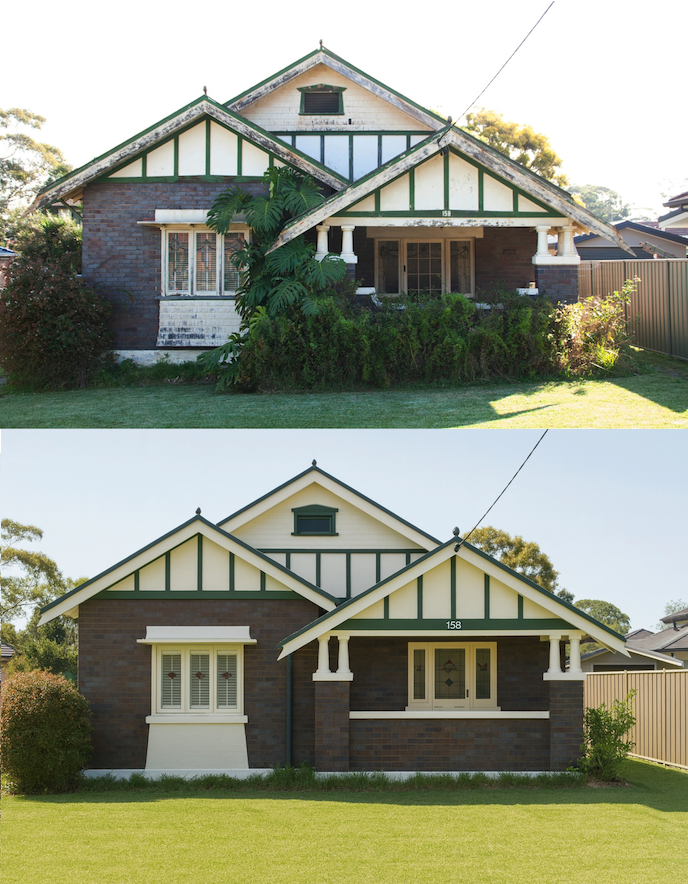 Before and after home renovation completed by Buildura, showing exterior improvement and property transformation.