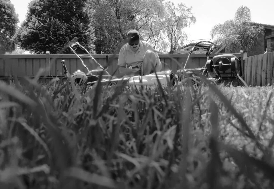 A man wearing sunglasses and a cap is in a backyard, surrounded by grass, with lawn equipment including a mower and a small motorized device. There is a wooden fence and some trees in the background.