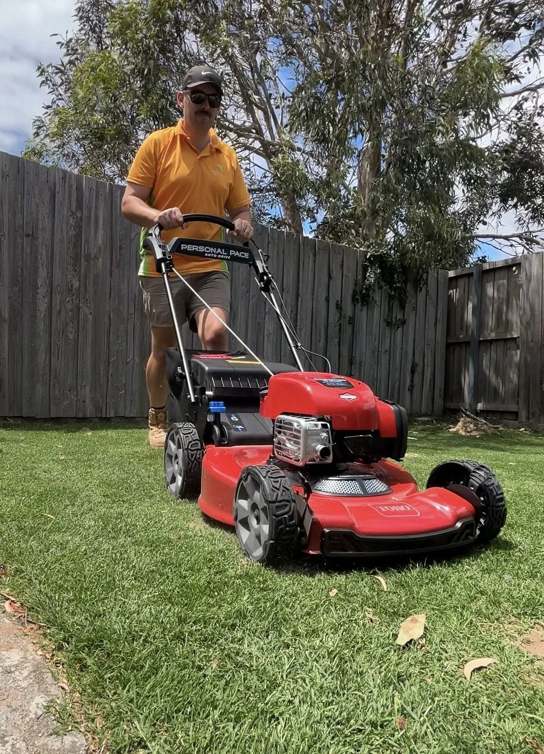 Person mowing the lawn with a Toro 30-inch twin blade walk-behind mower on green grass