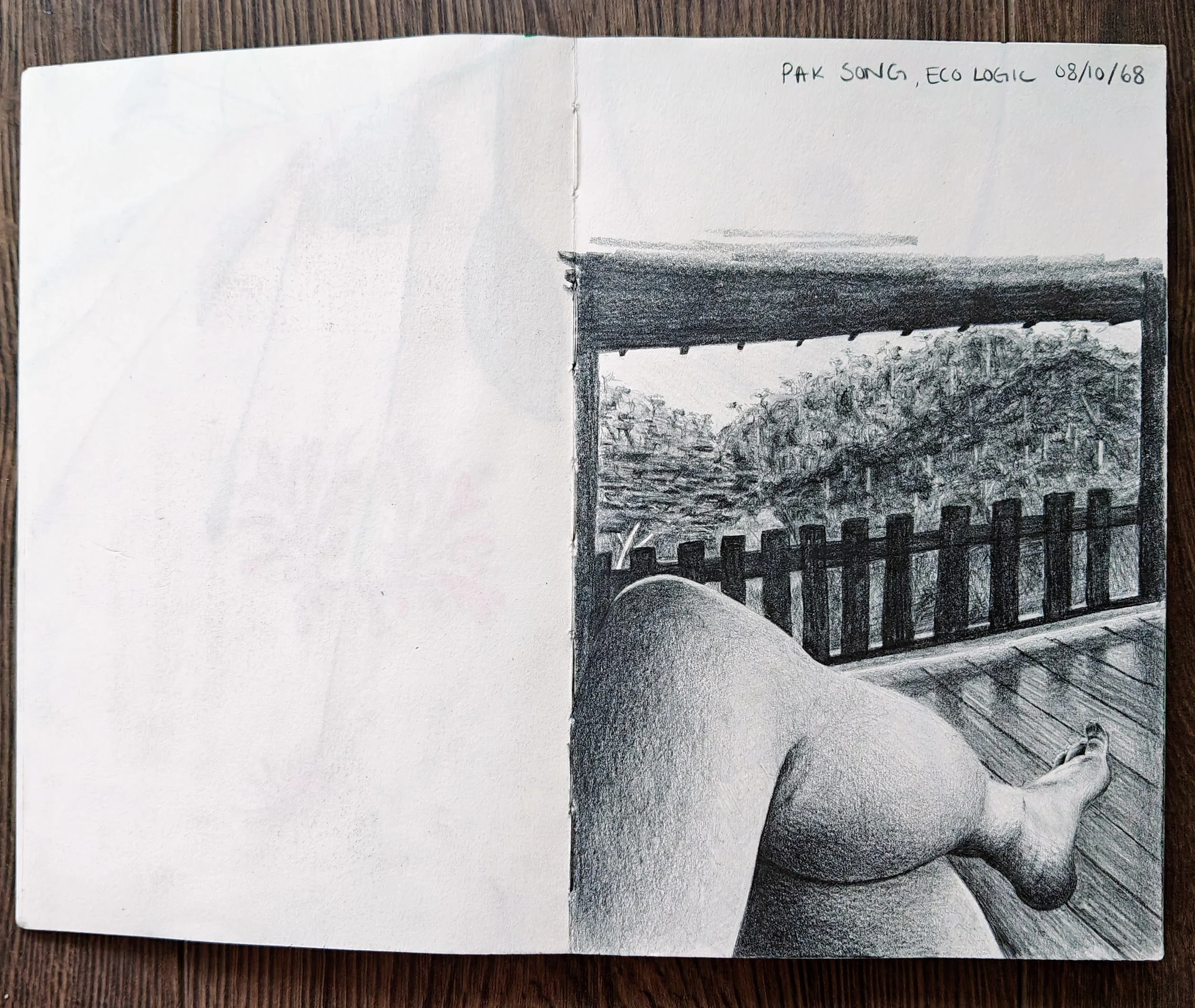 A sketchbook open to a drawing of a person's leg resting on a wooden deck, with a view outside of trees and a fence through a window. Text in the top right corner reads: 'PAK SONG, ECO LOGIC 08/10/68'.