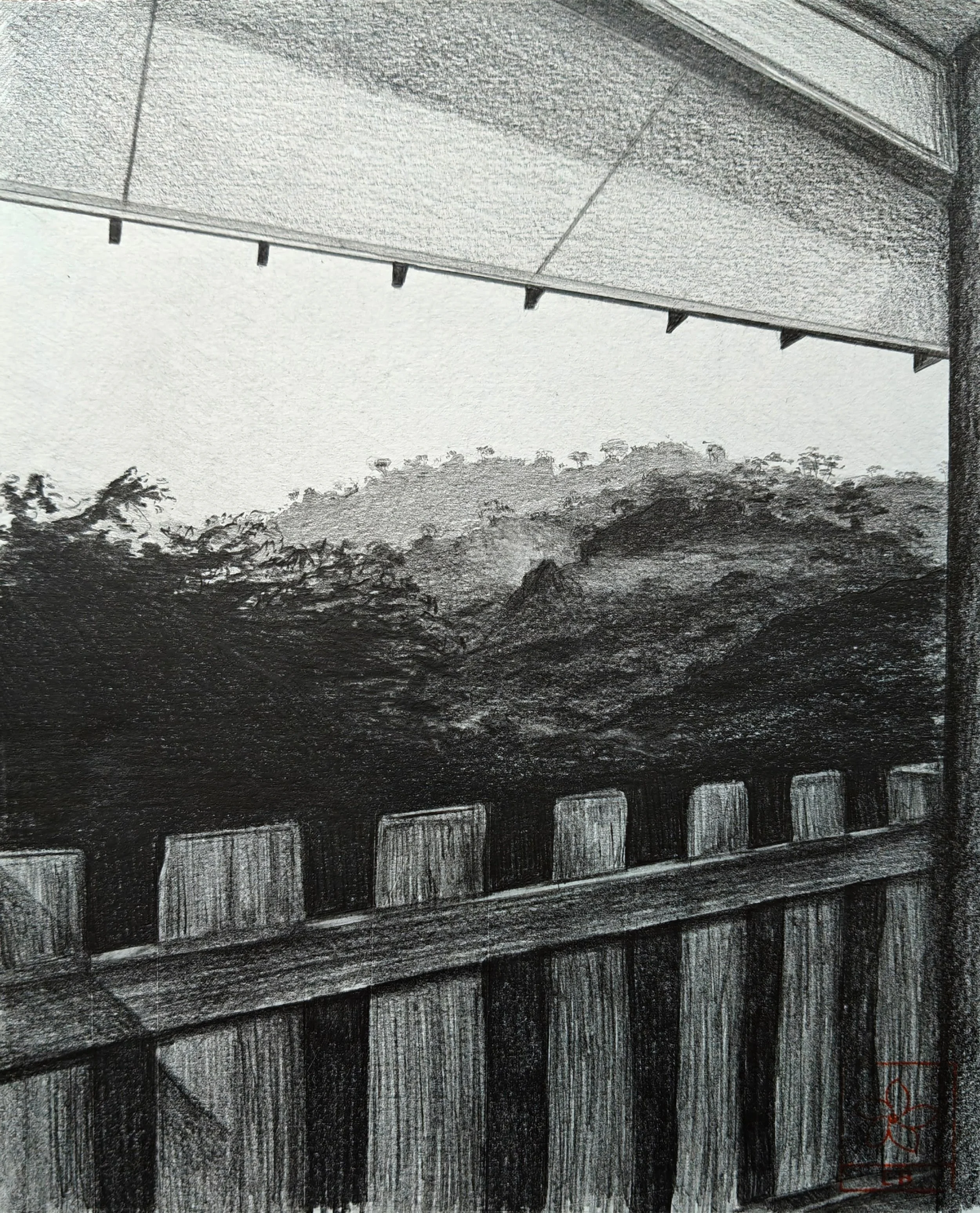 Grayscale drawing of a mountain landscape viewed from a balcony with a wooden railing and part of a ceiling visible.