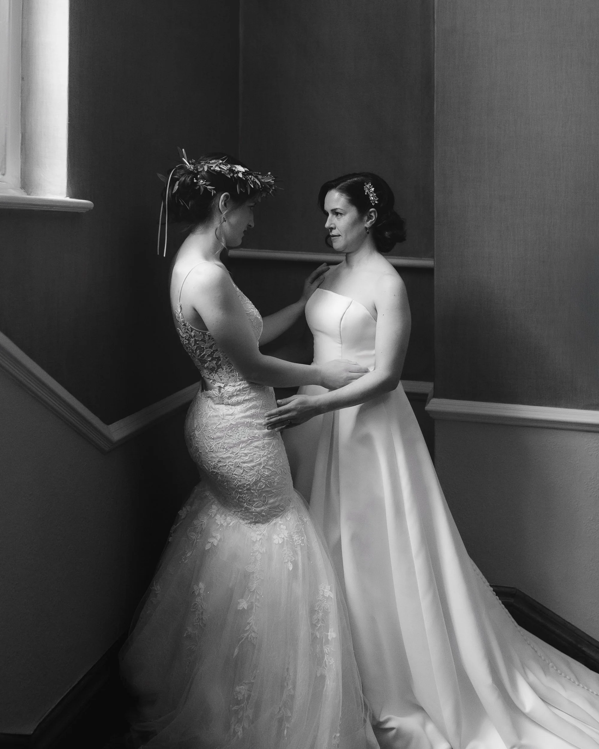 Emotional bride moment before ceremony, same-sex wedding London