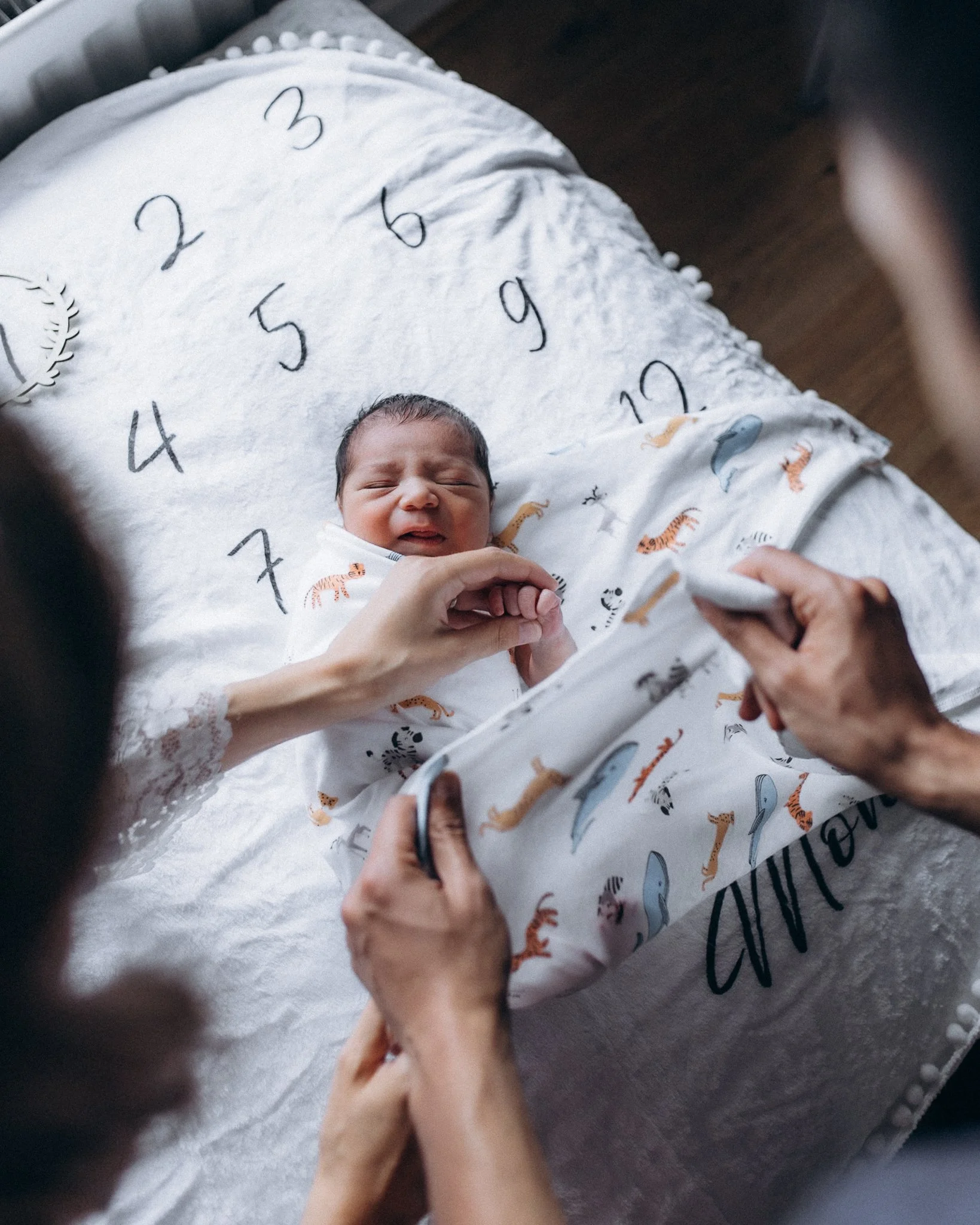 Newborn photography London — baby lying on a milestone blanket, parents' hands gently touching