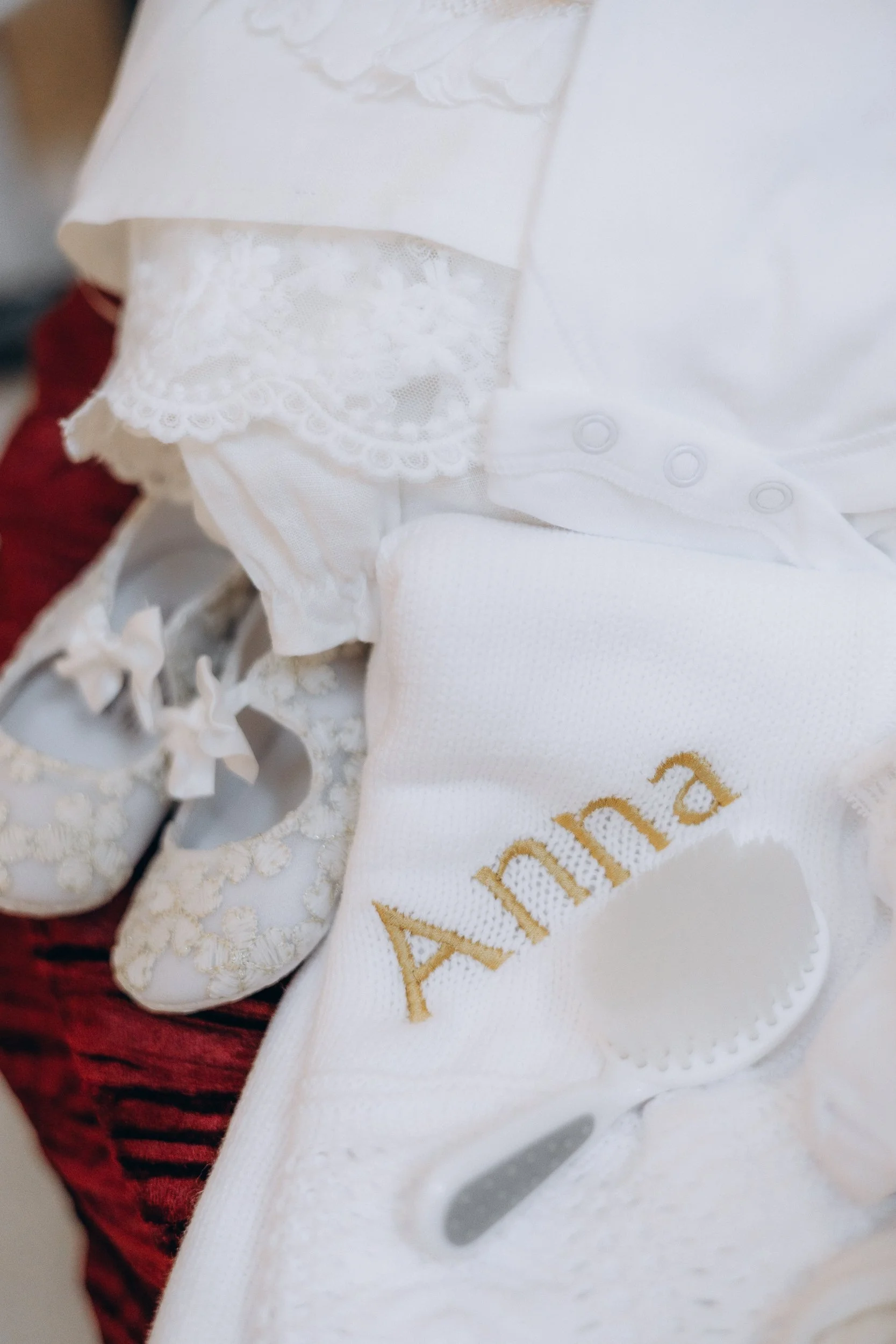 Christening gown embroidered with baby's name, London christening photography