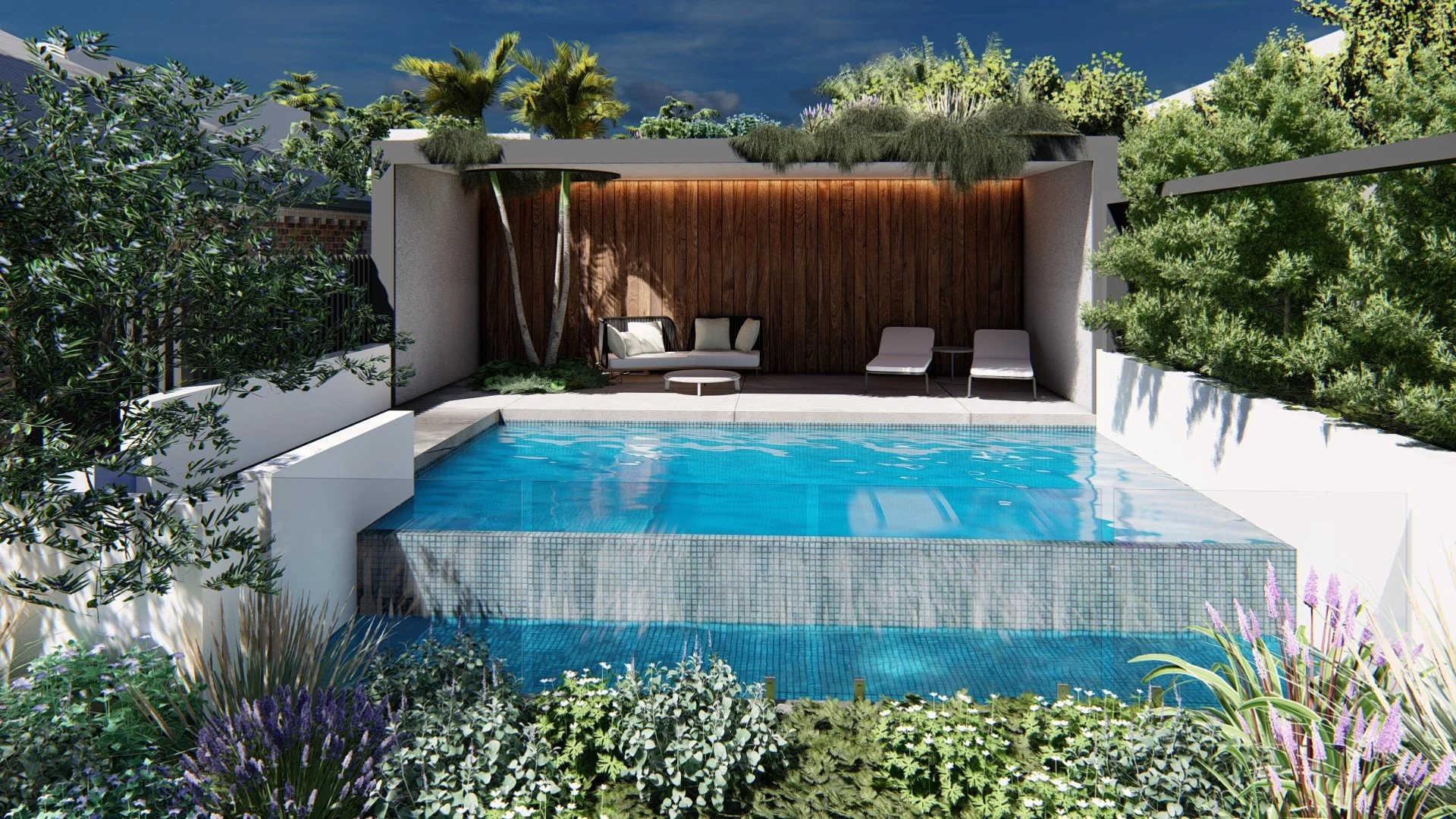 Residential landscape design for a grand family residence in Merewether, Newcastle NSW, featuring connected outdoor entertaining, wet-edge resort pool and pool cabana, architectural planting and bespoke garden design by GRDN Landscape Design Studio.