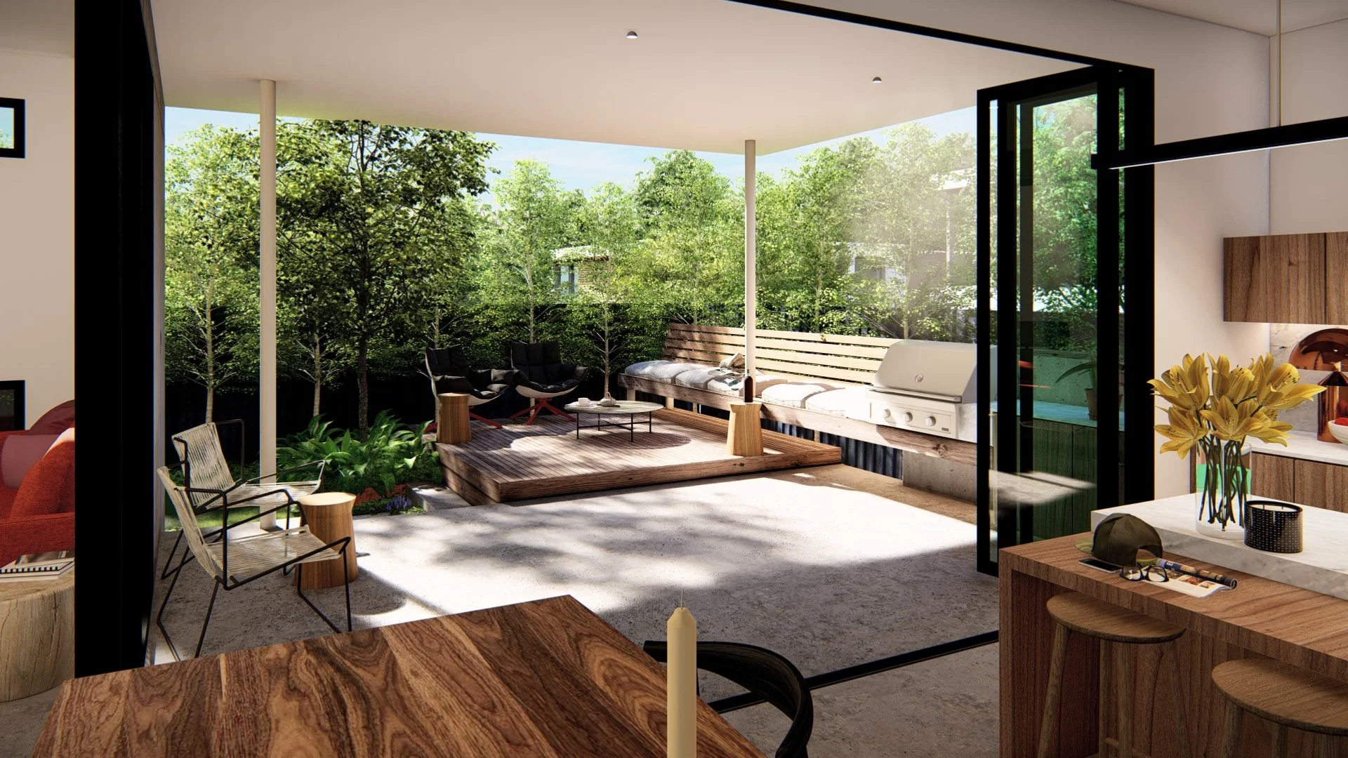 Contemporary landscape design for an architect-designed home in Islington, Newcastle NSW, featuring connected outdoor entertaining, architectural planting and seamless indoor-outdoor living by GRDN Landscape Design Studio.
