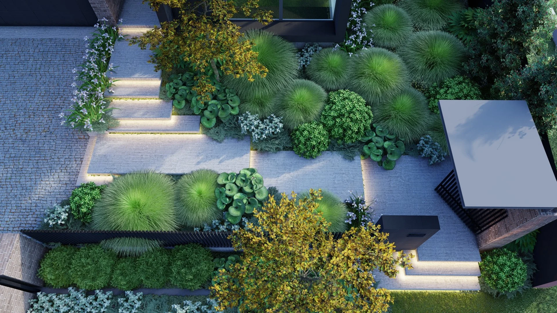 Contemporary residential landscape design featuring architectural planting, lap pool and outdoor living in New Lambton Heights, Newcastle NSW by GRDN.